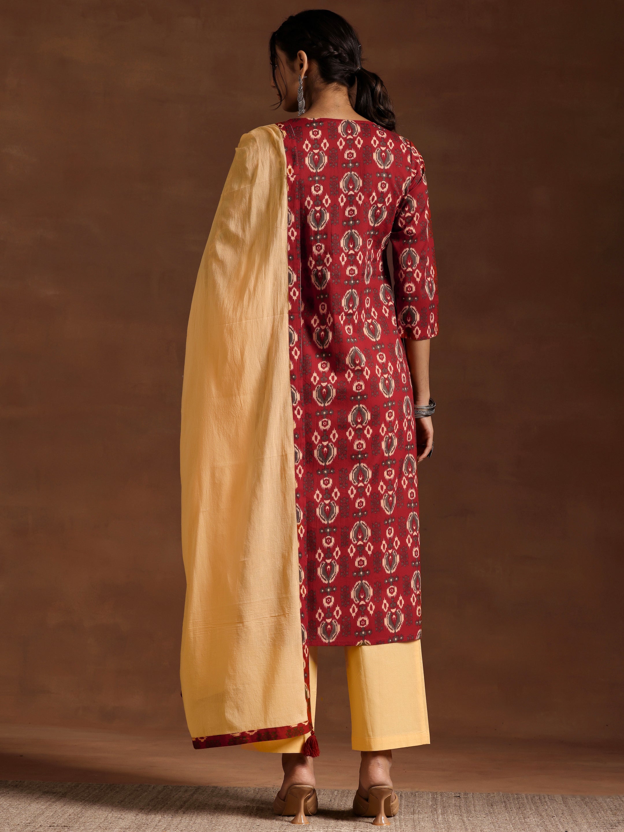 Maroon Printed Cotton Straight Suit With Dupatta