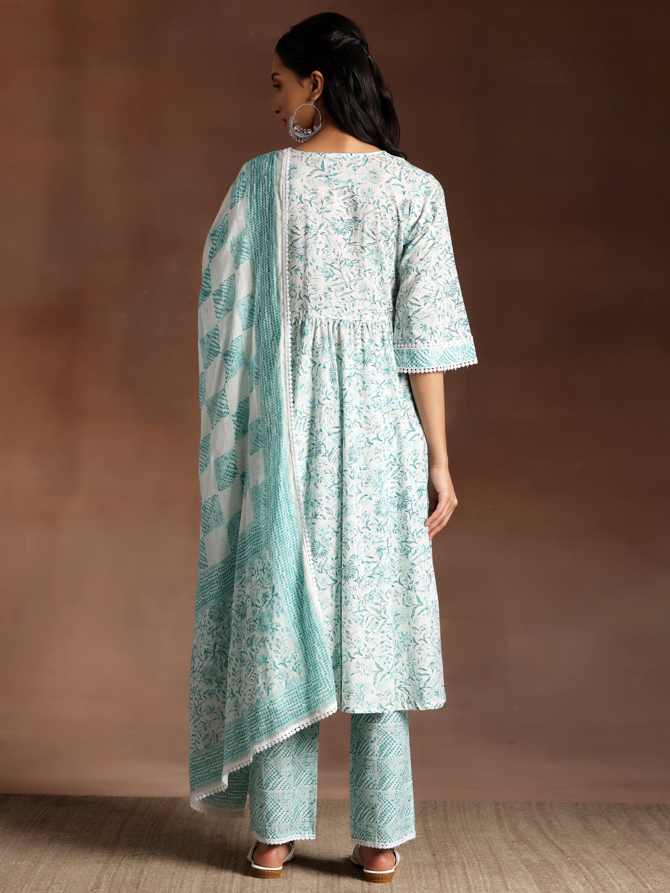 White Printed Cotton A-Line Kurta With Trousers & Dupatta