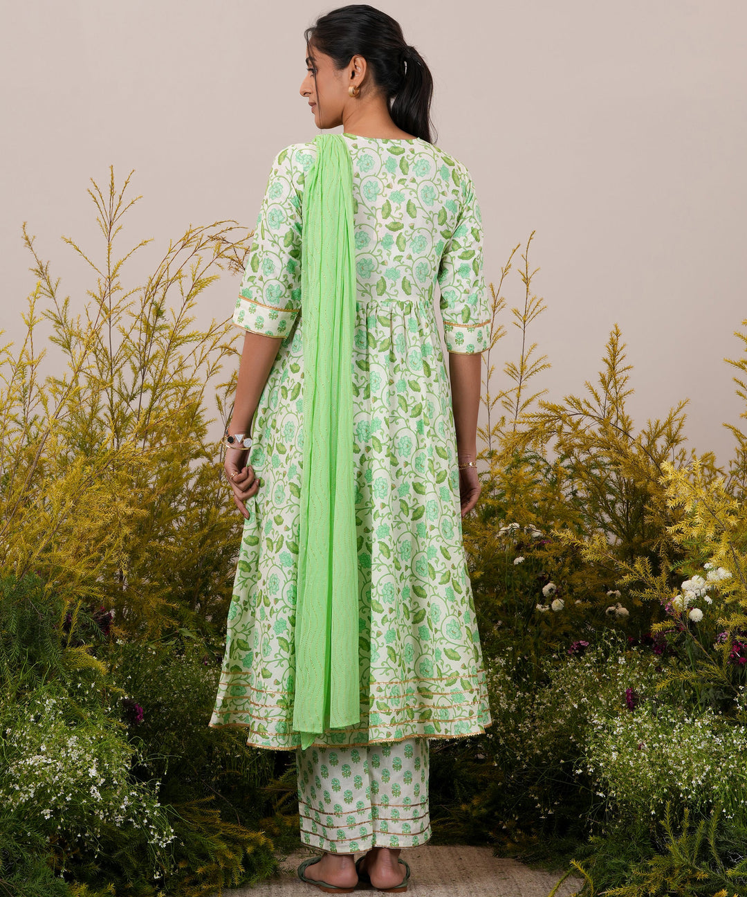 Green Yoke Design Cotton Anarkali Kurta With Trousers & Dupatta - ShopLibas