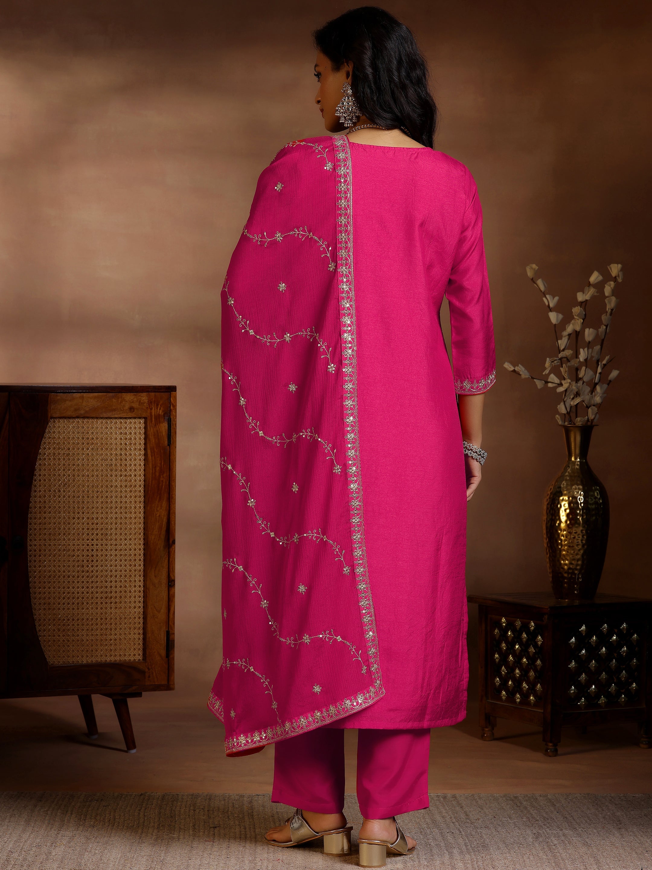 Pink Woven Design Silk Blend Straight Suit With Dupatta