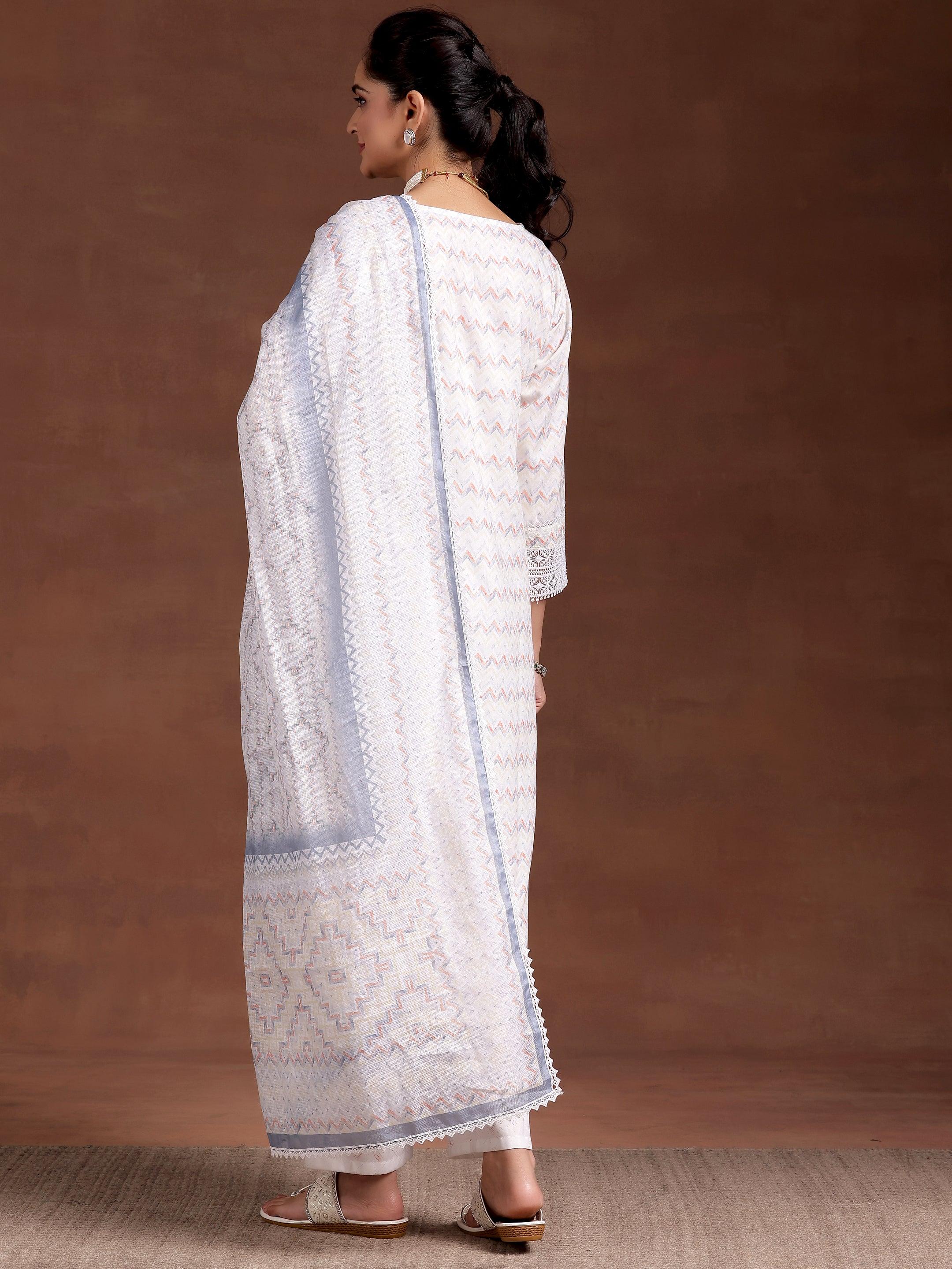 Off White Embroidered Cotton Blend Straight Suit With Dupatta