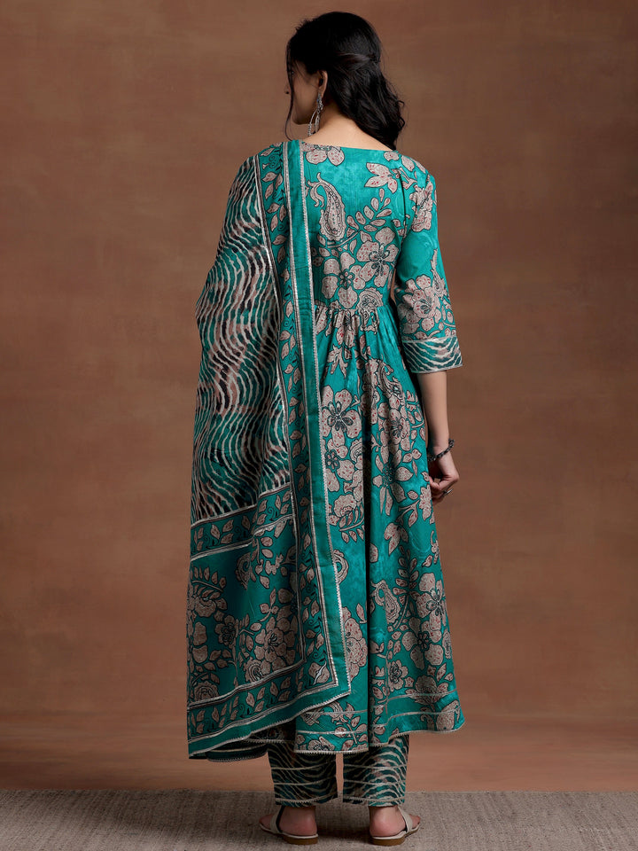 Green Printed Cotton Anarkali Suit With Dupatta