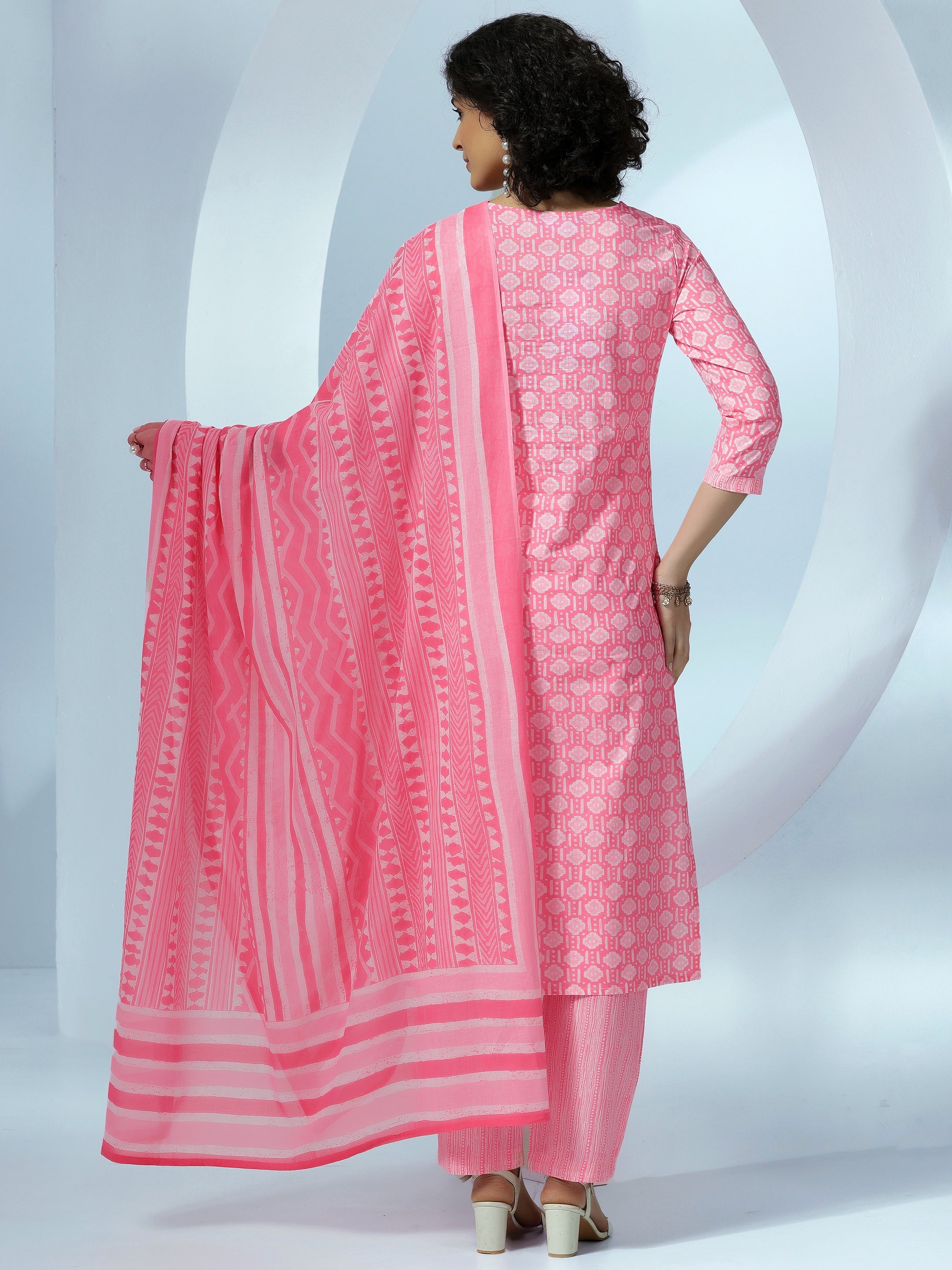 Pink Printed Cotton Straight Suit With Dupatta