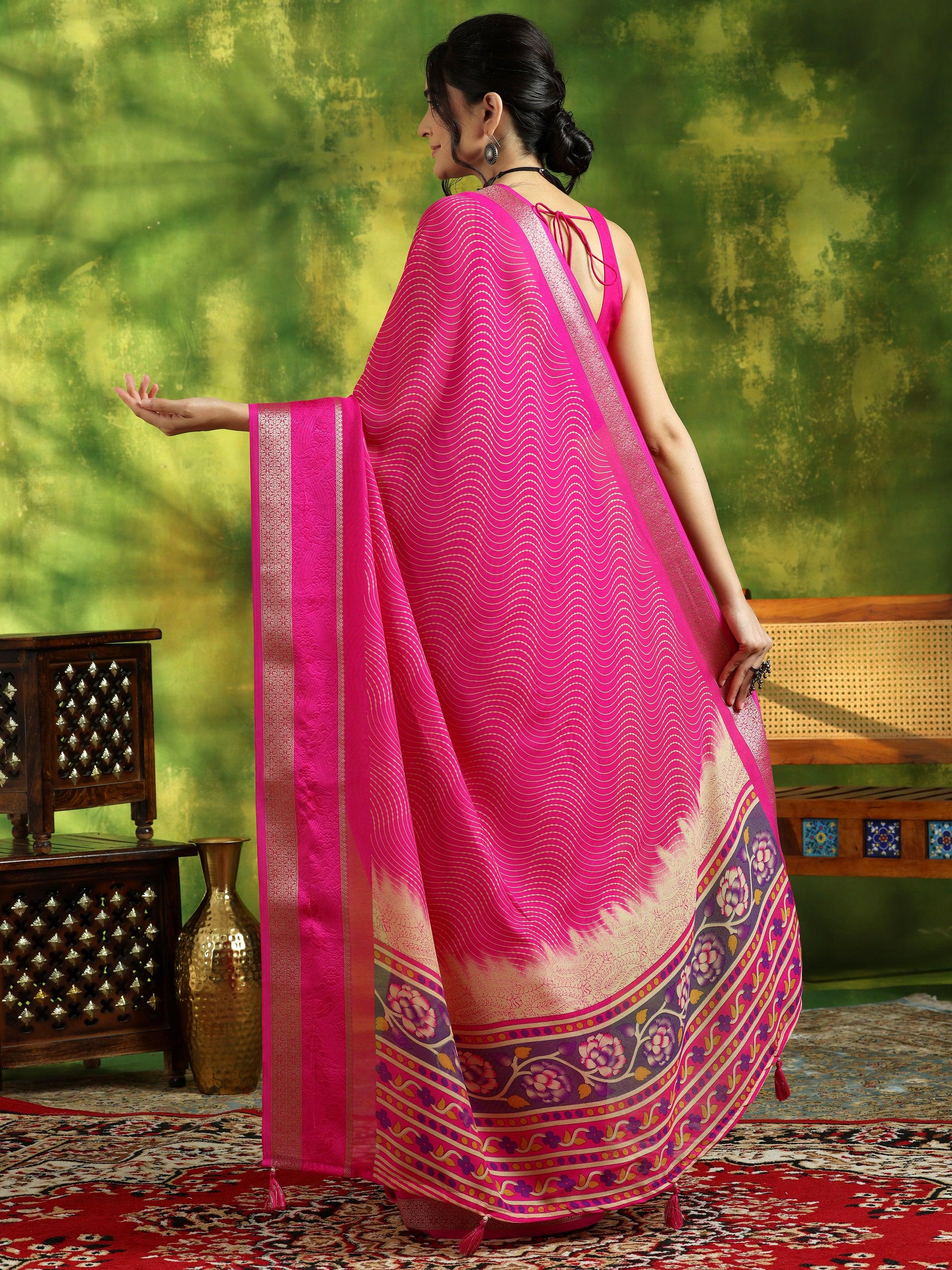 Pink Printed Silk Blend Saree With Unstitched Blouse Piece