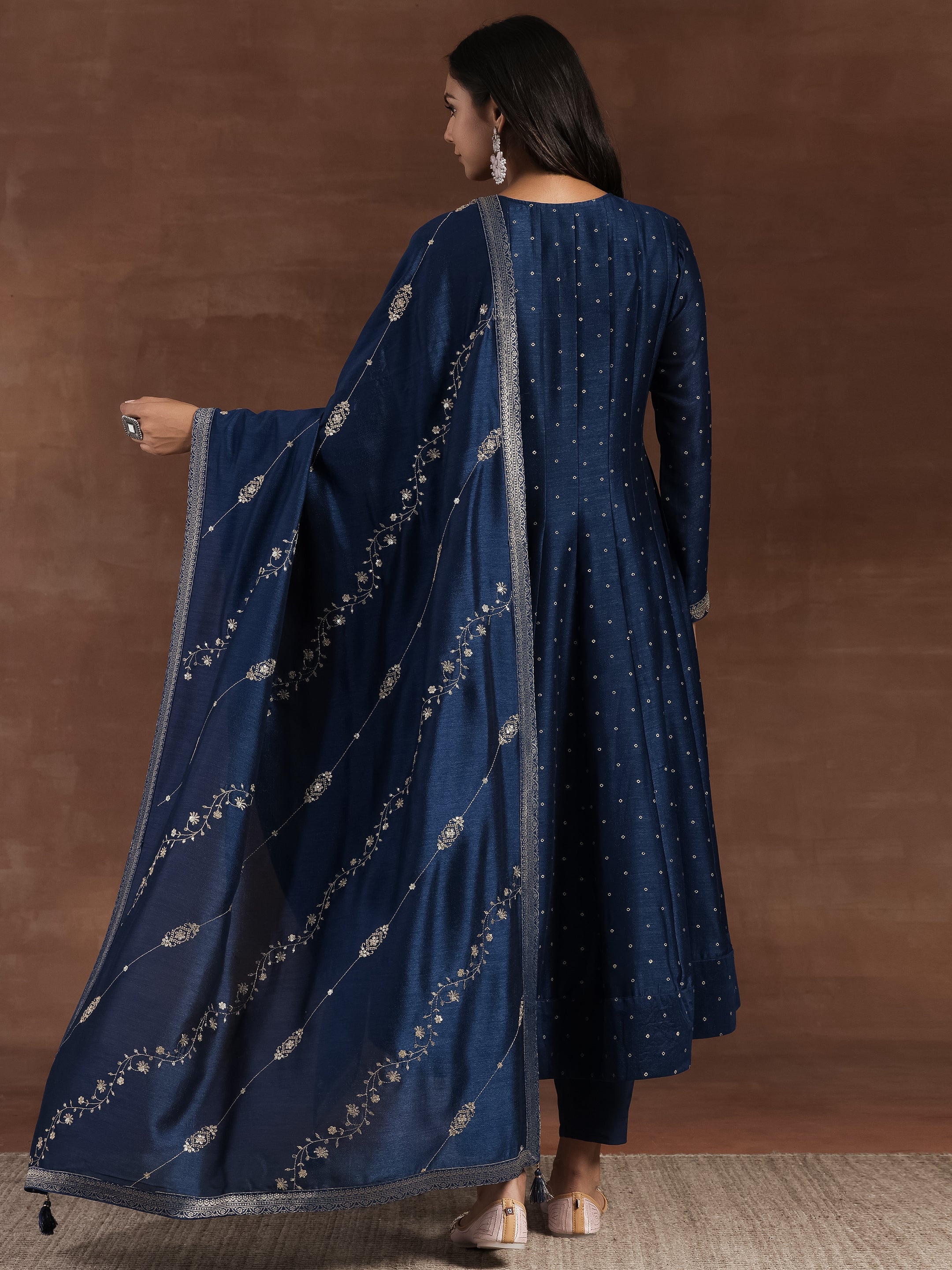 Blue Embroidered Silk Blend A-Line Kurta With Trousers & Dupatta