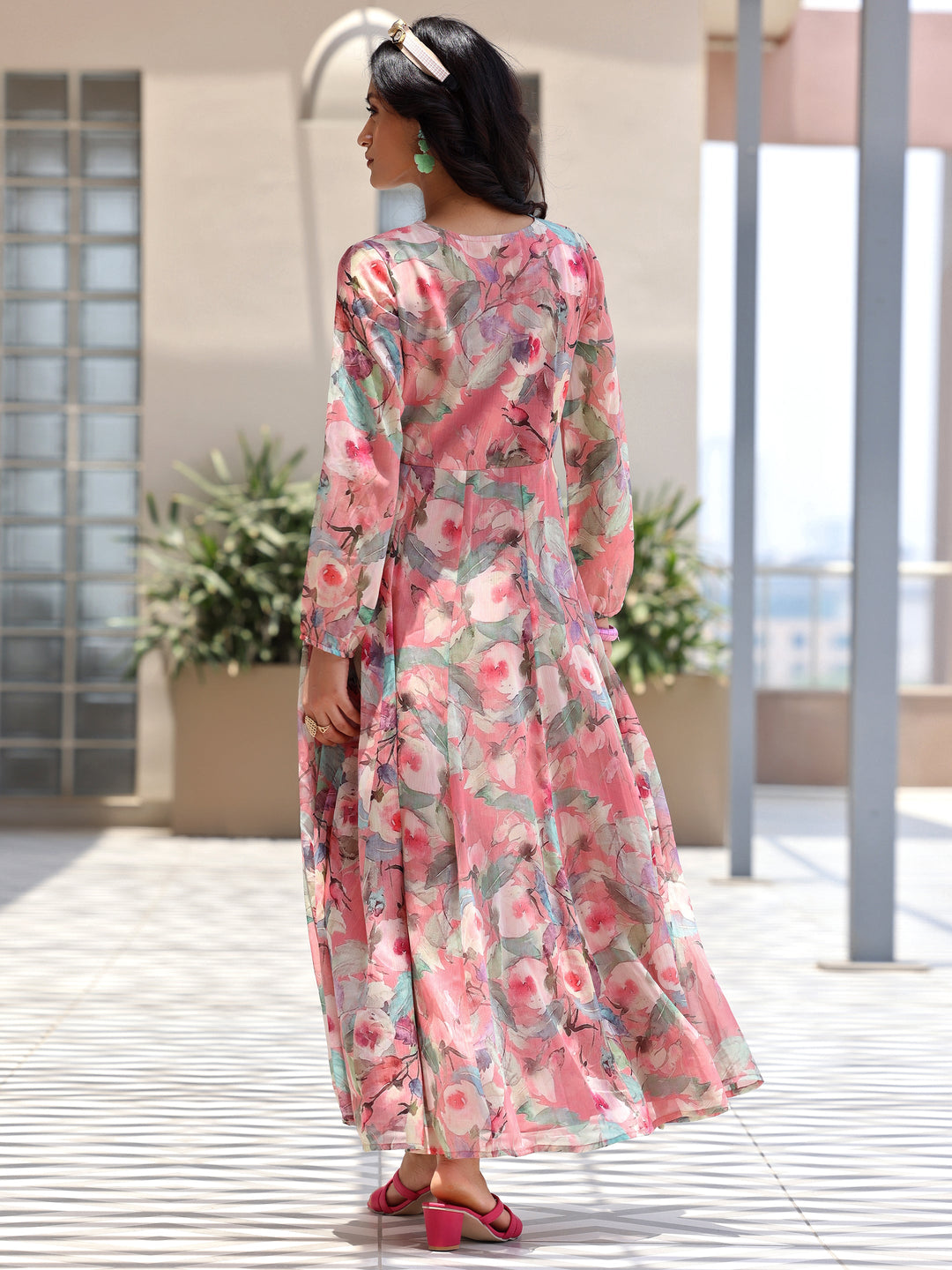 Pink Printed Chiffon A-Line Dress