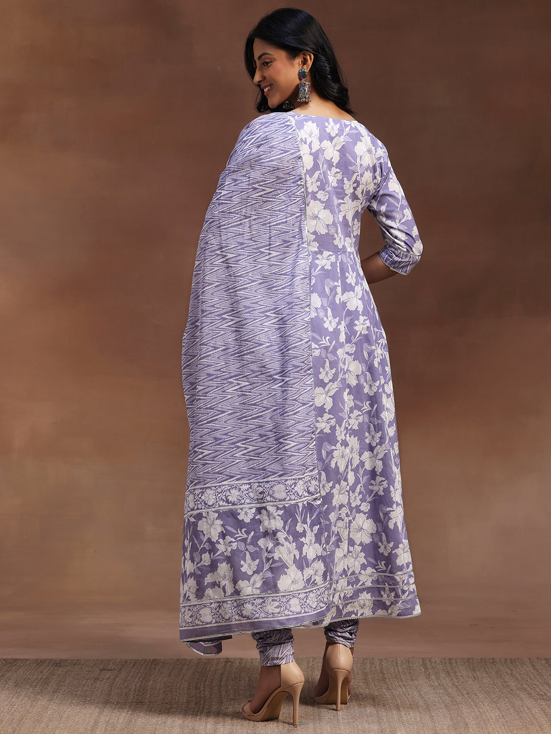 Lavender Printed Cotton Anarkali Suit With Dupatta