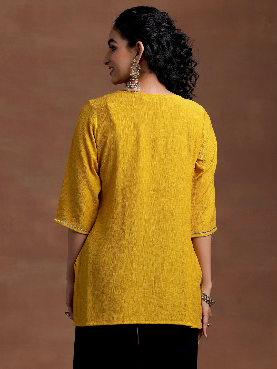 Mustard Self Design Cotton Blend Kurti - Libas