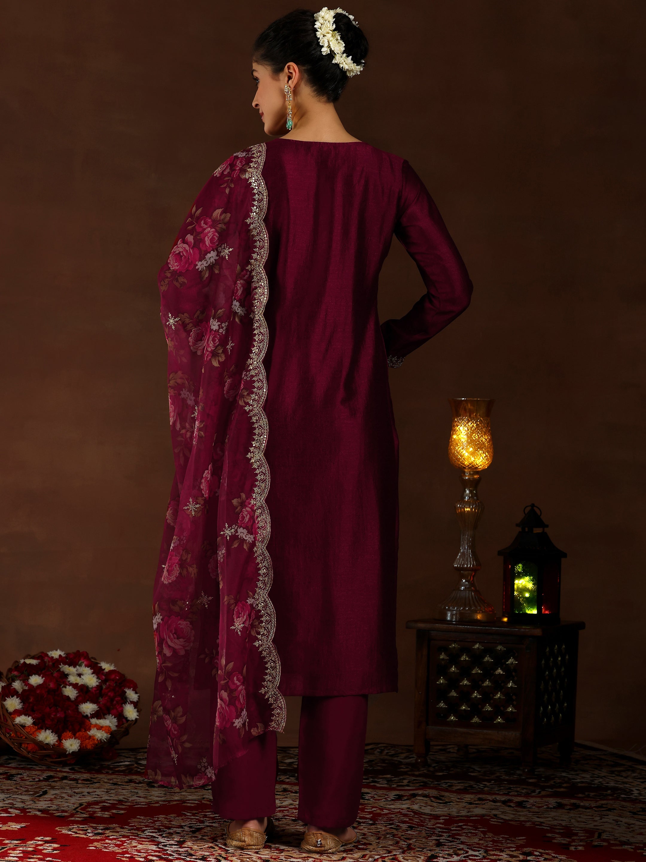 Maroon Embroidered Silk Blend Straight Suit With Dupatta