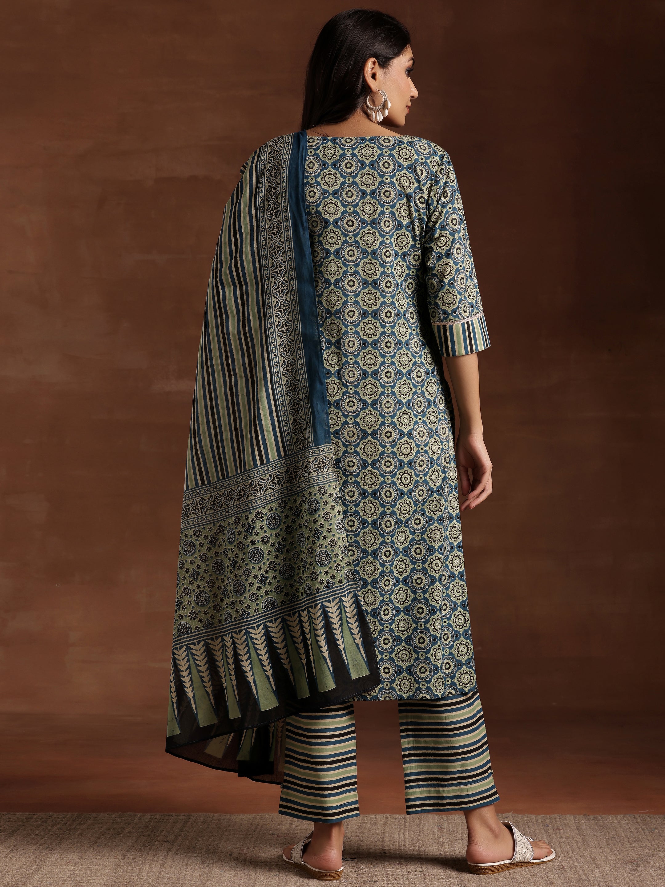 Blue Printed Cotton Straight Suit With Dupatta