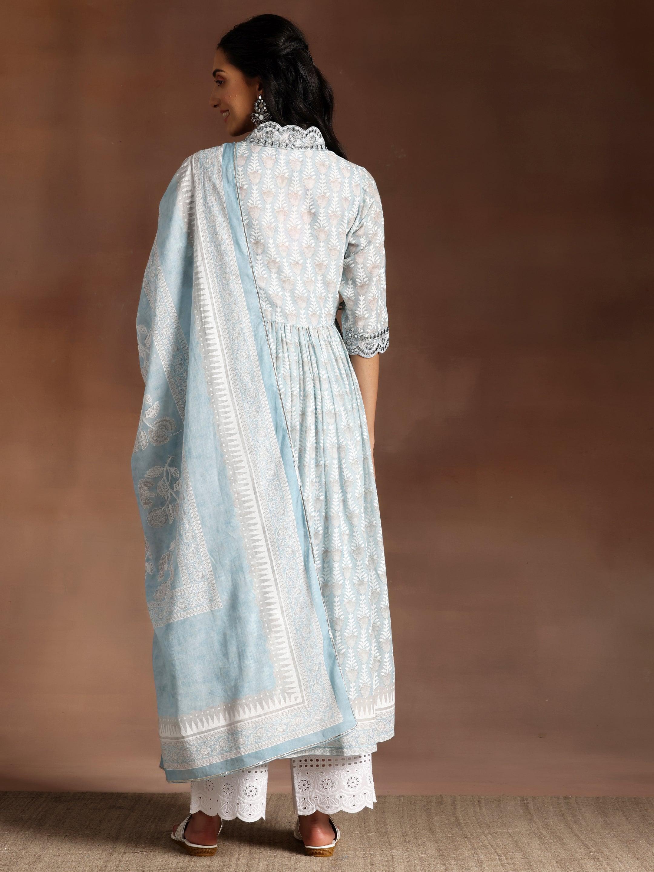 Grey Printed Cotton A-Line Kurta With Palazzos & Dupatta