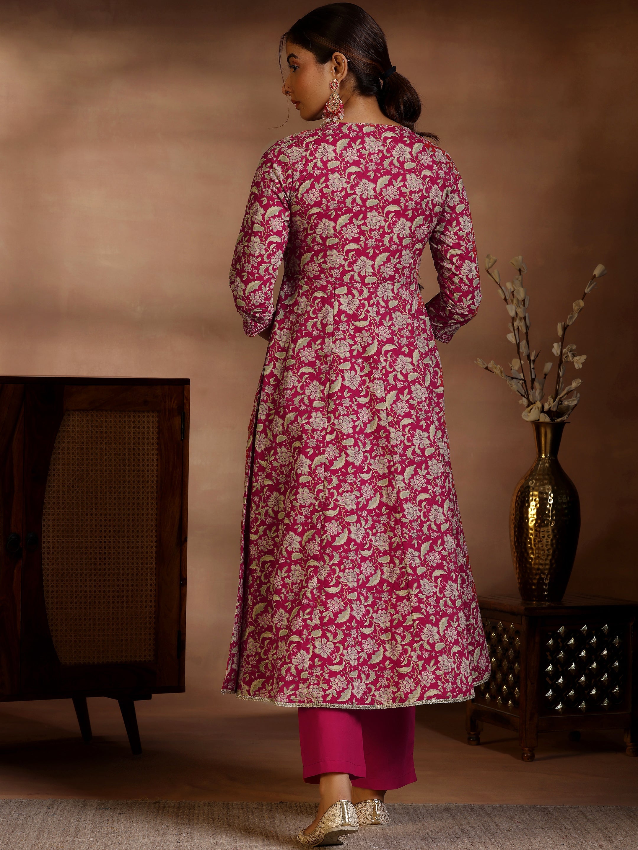 Pink Printed Cotton Anarkali Kurta Set