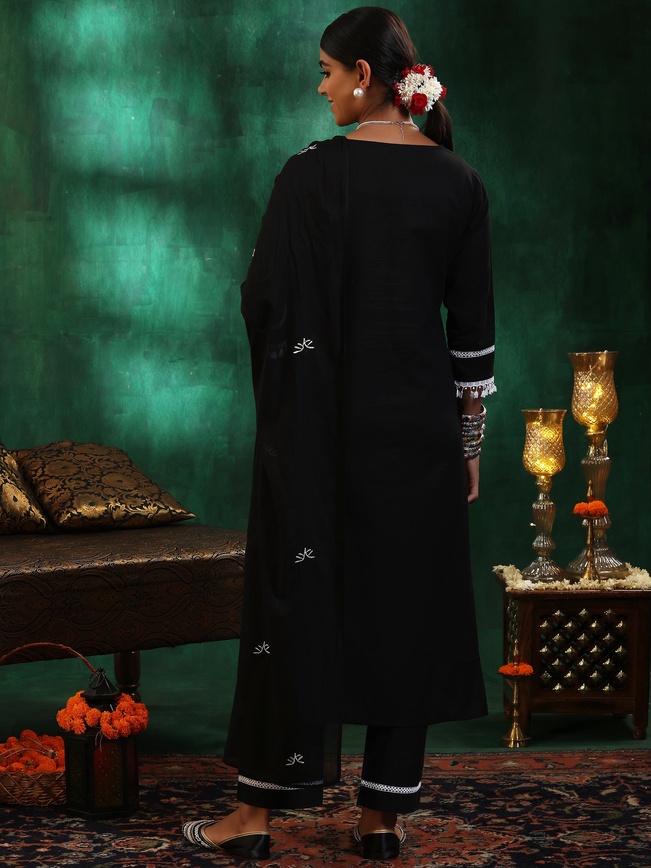 Black Embroidered Cotton Straight Suit With Dupatta