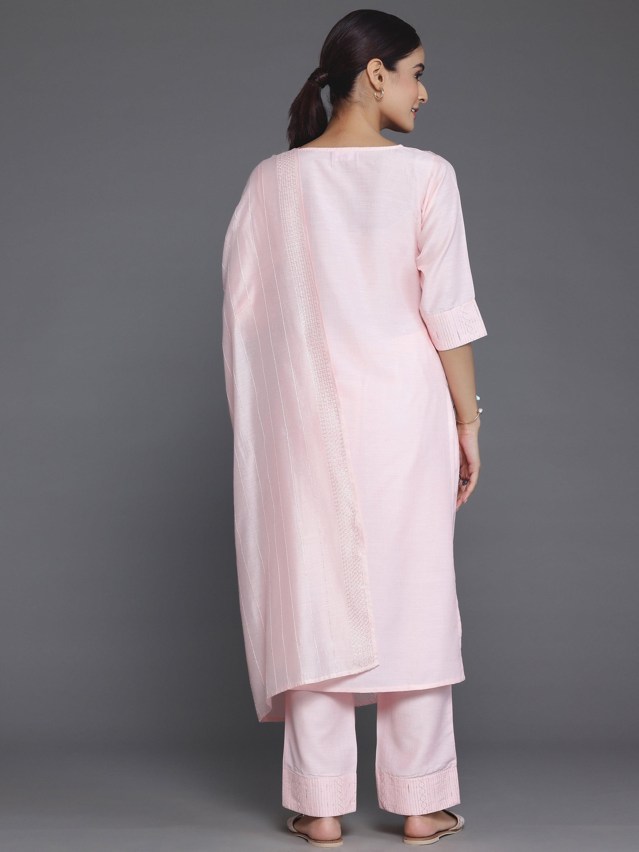 Peach Self Design Silk Blend Straight Suit With Dupatta