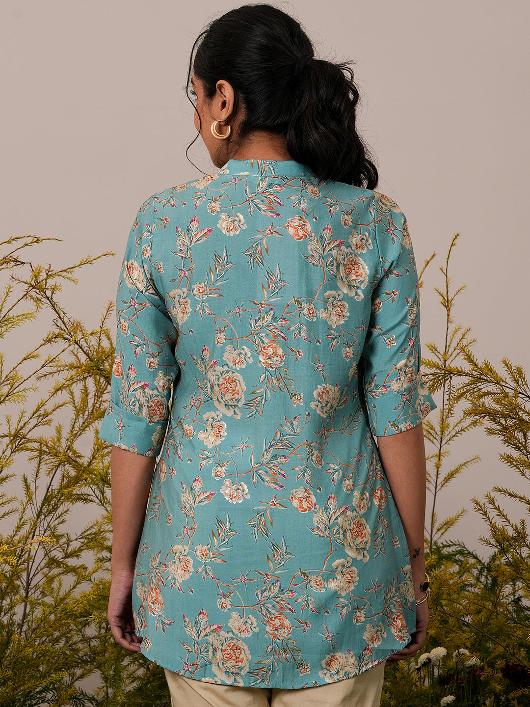 Blue Printed Silk Blend A-Line Kurti