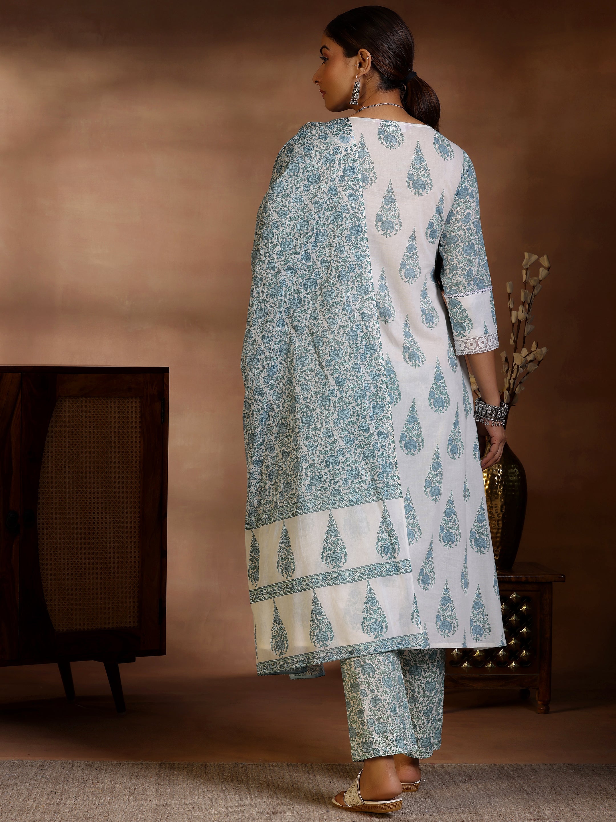 Off White Printed Cotton A-Line Kurta With Trousers & Dupatta