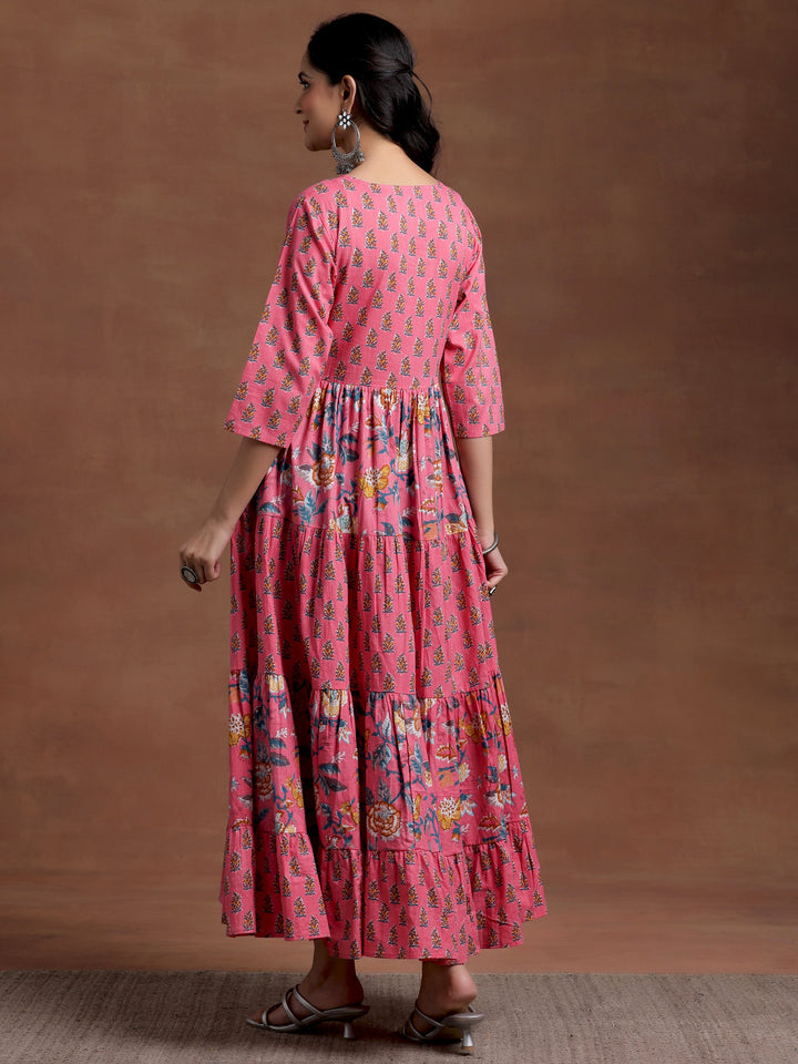 Pink Printed Cotton A-Line Dress