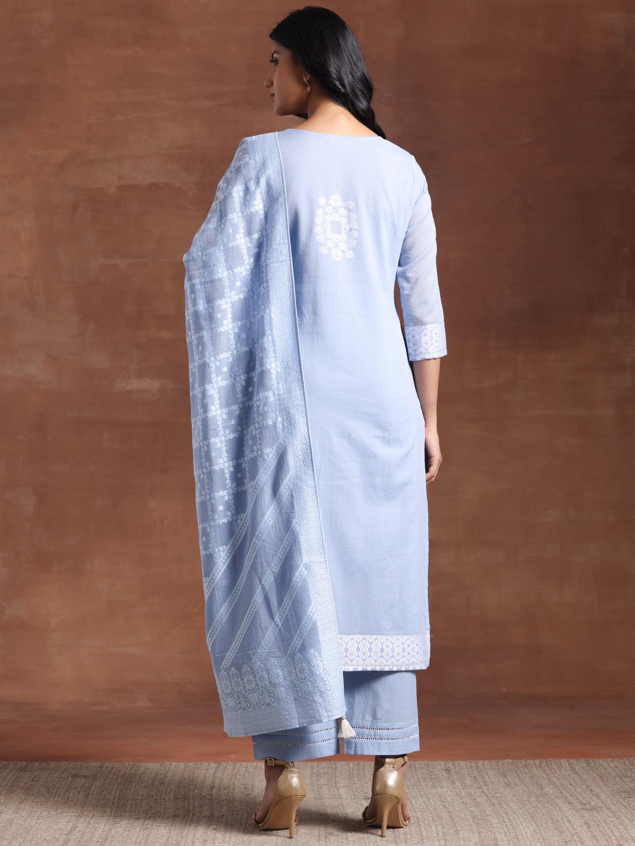 Blue Woven Design Cotton Straight Suit With Dupatta