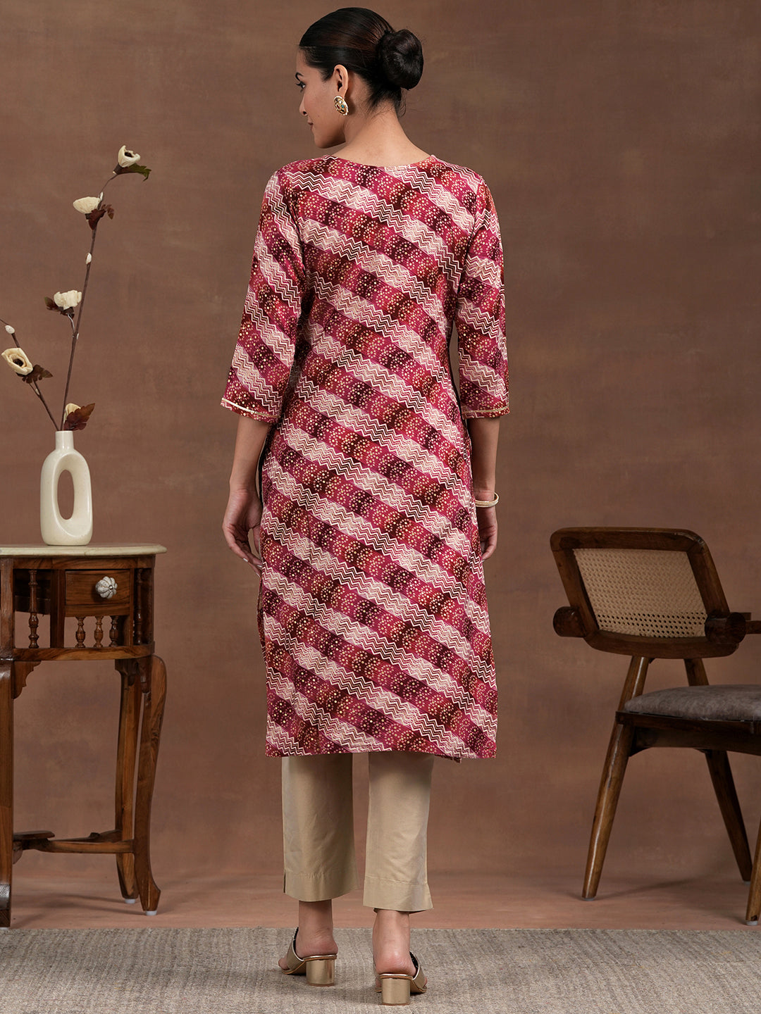 Maroon Printed Rayon Straight Kurta