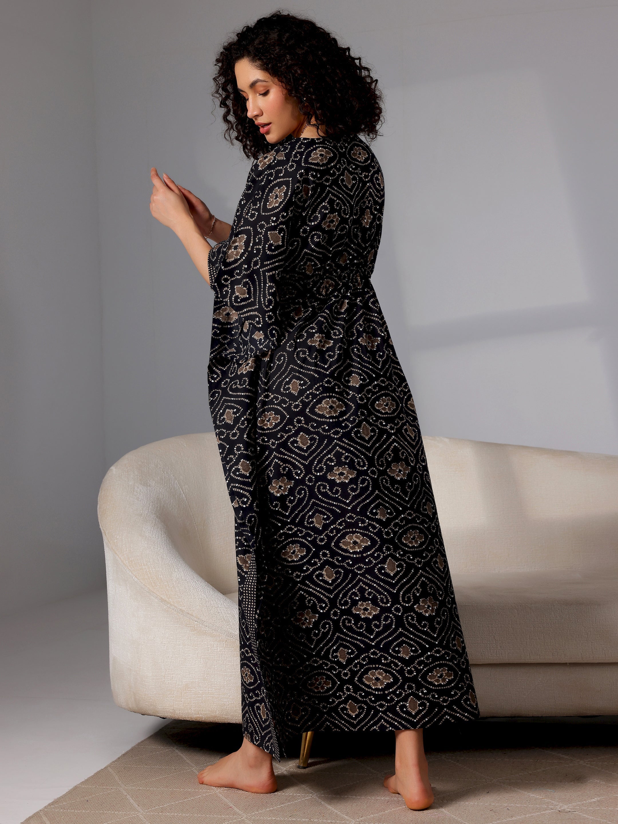 Black Printed Cotton Kaftan Night Dress