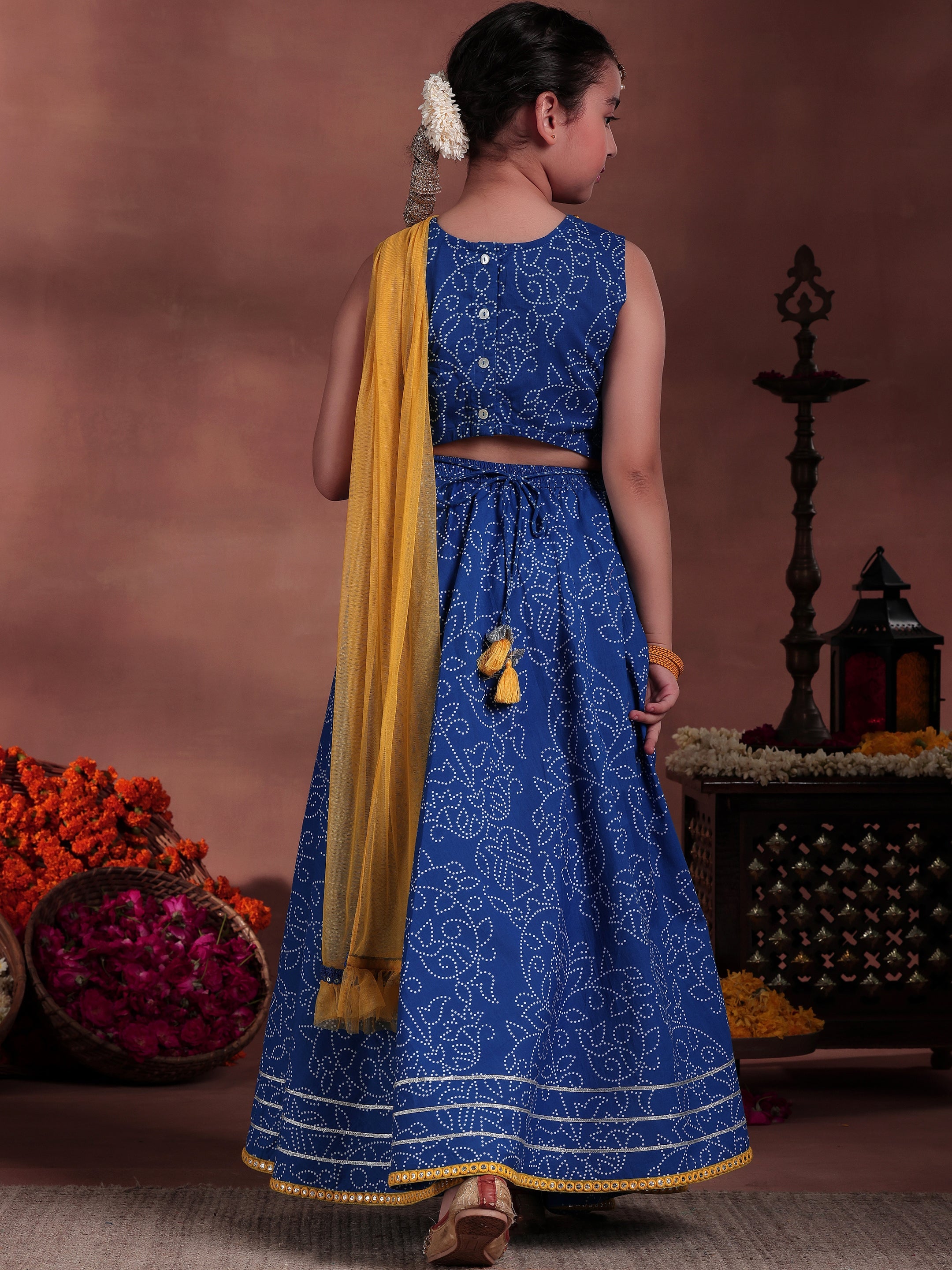 Kids Blue Printed Cotton Ready to Wear Lehenga Choli