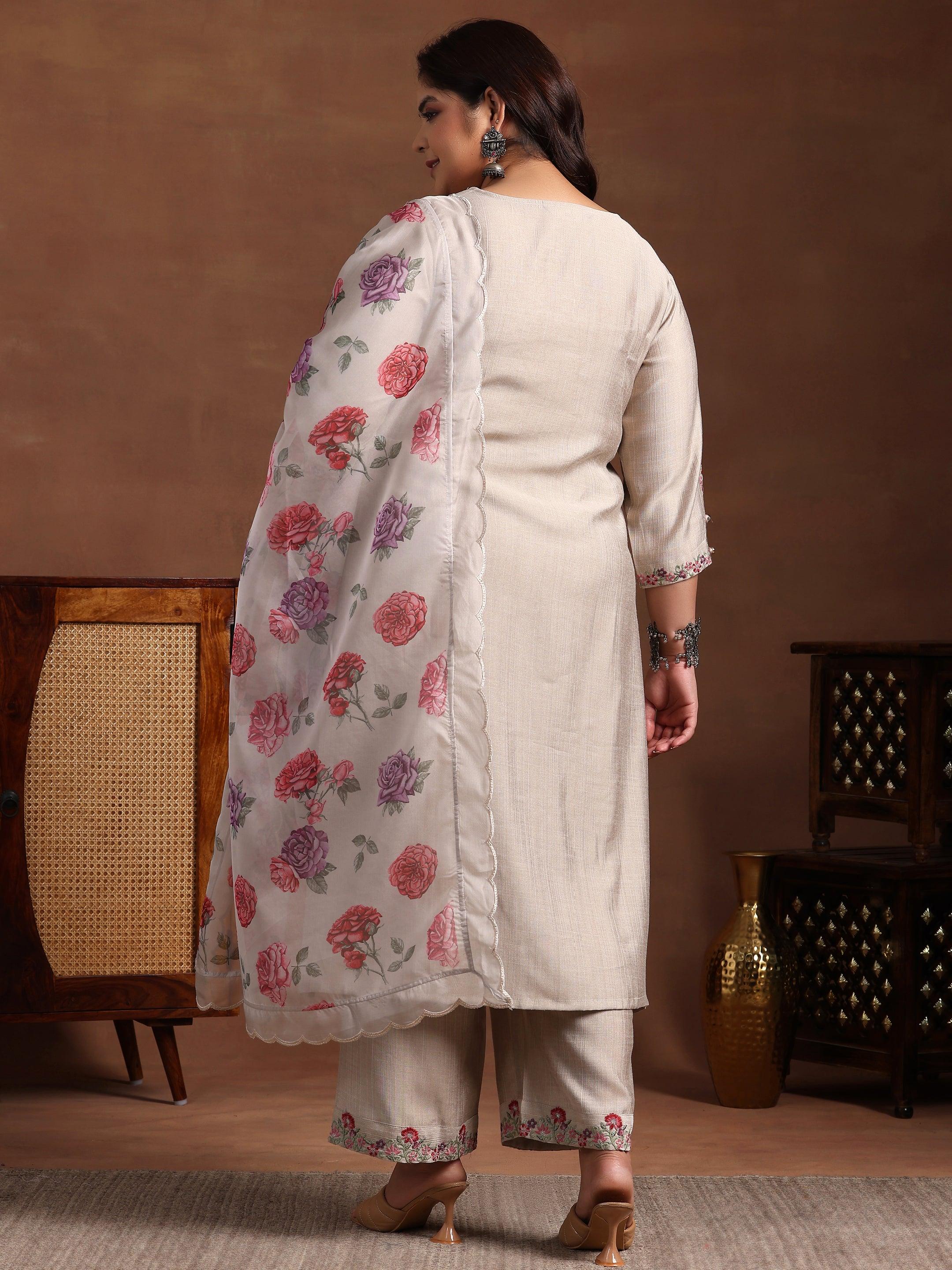 Plus Size Beige Yoke Design Silk Blend Straight Suit With Dupatta