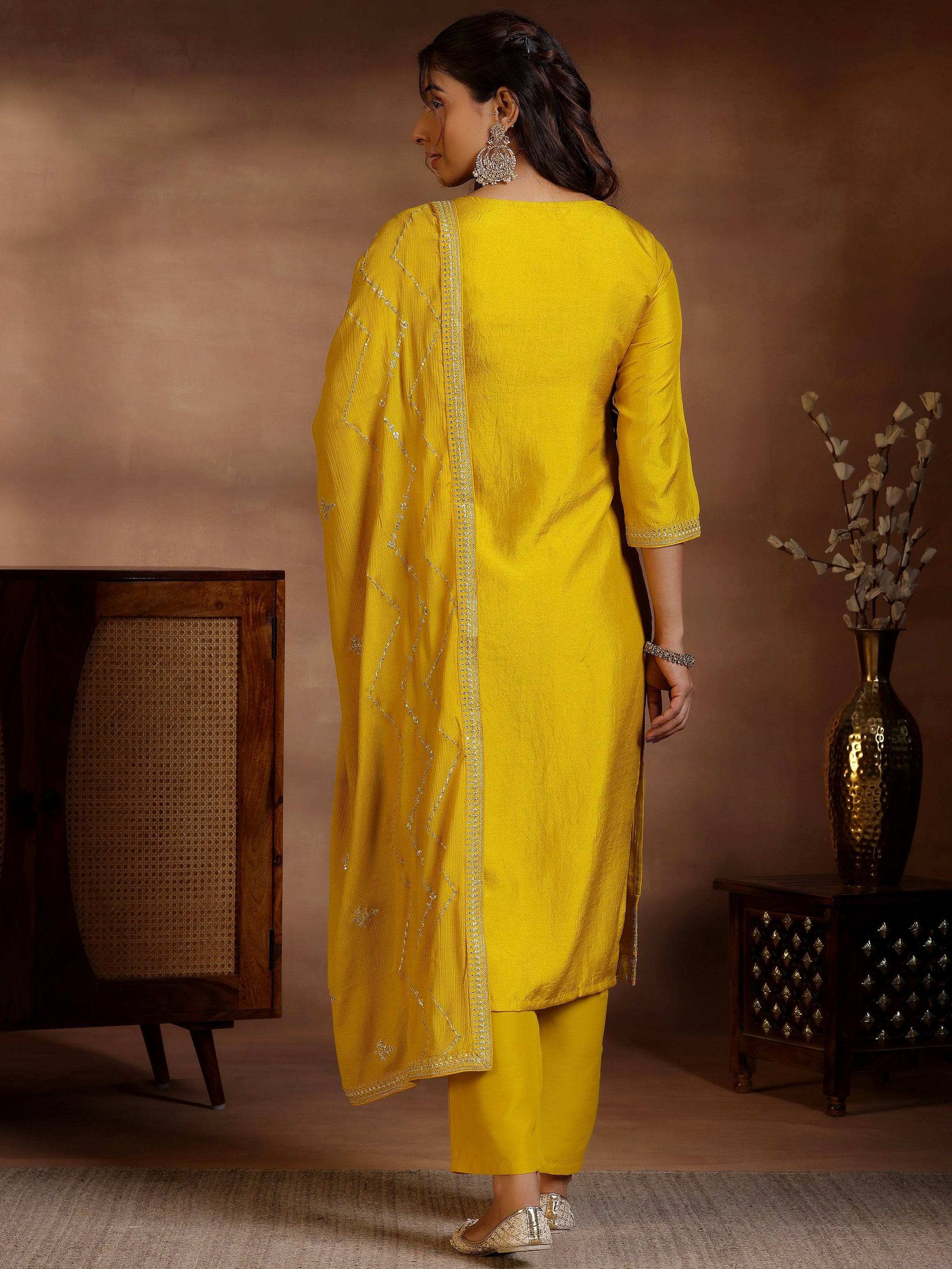 Mustard Woven Design Silk Blend Straight Suit With Dupatta