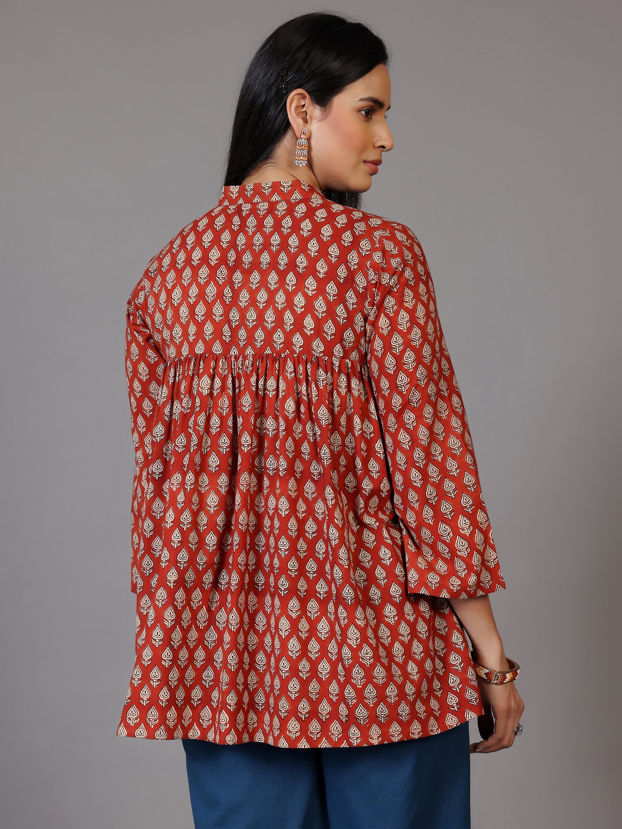 Rust Printed Cotton A-Line Kurti