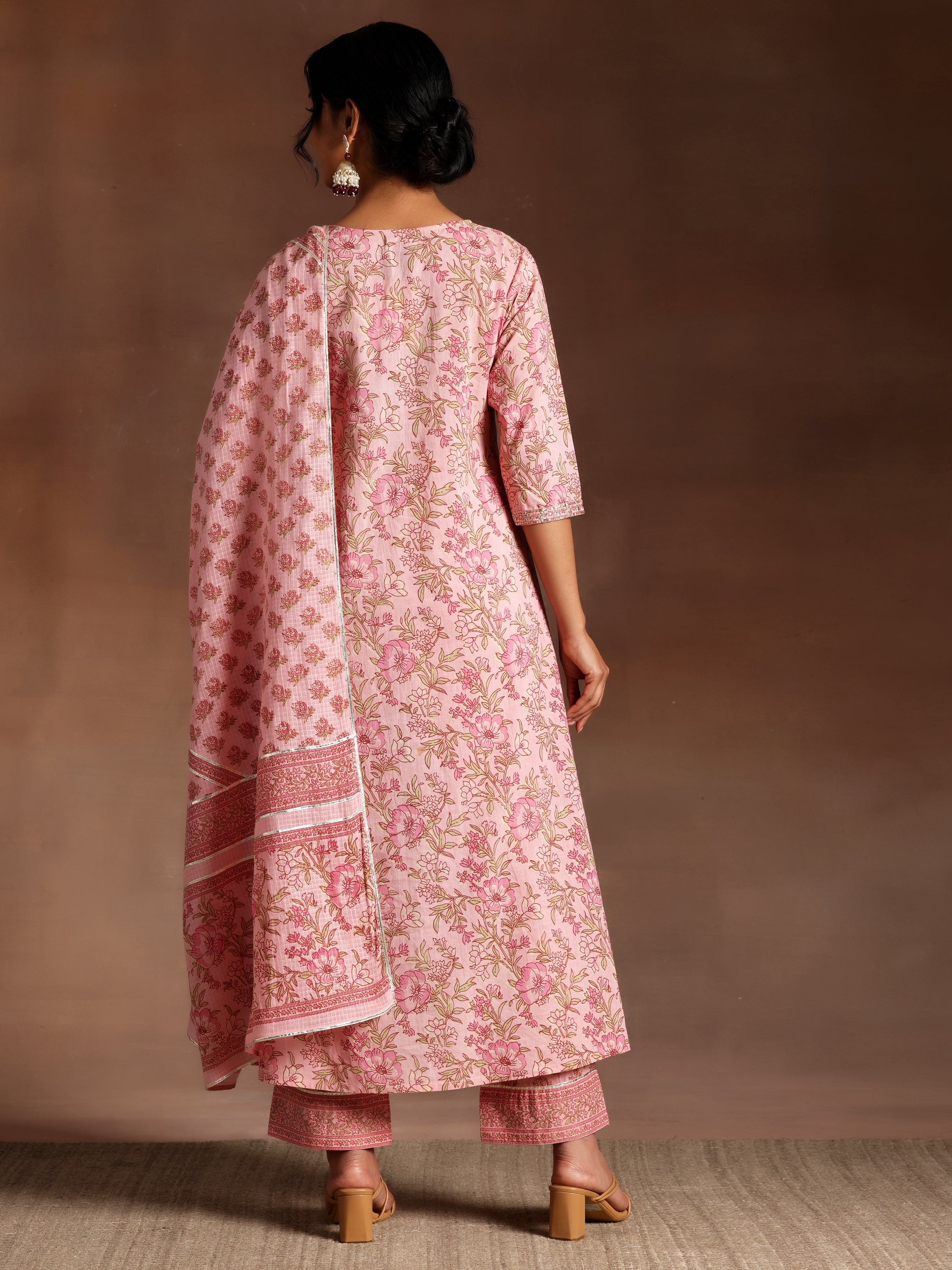 Mariyam Pink Printed Cotton A-Line Kurta With Palazzos & Dupatta