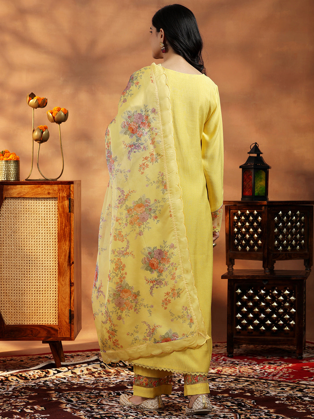 Yellow Yoke Design Silk Blend Straight Suit With Dupatta