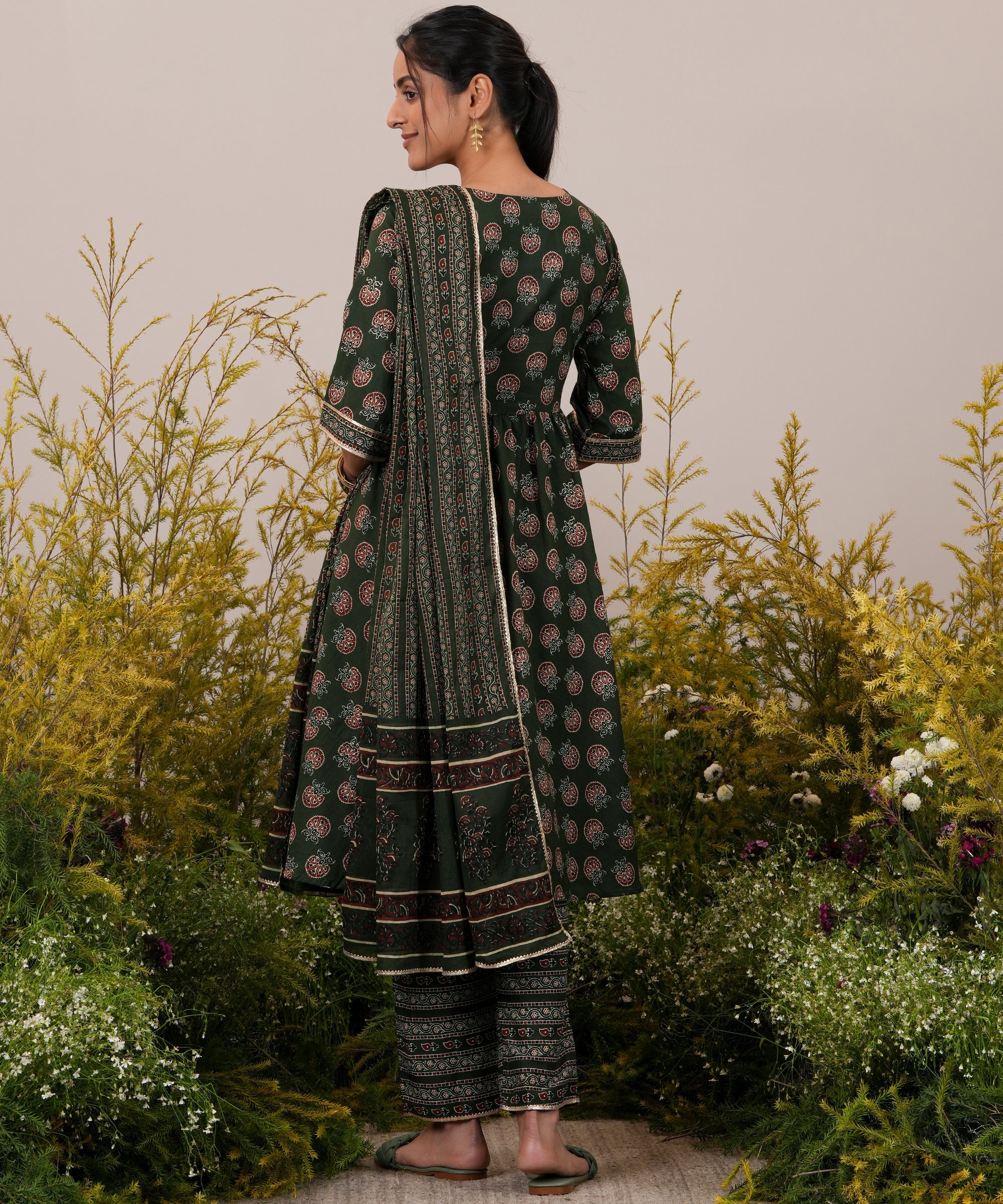 Green Printed Cotton Anarkali Suit With Dupatta