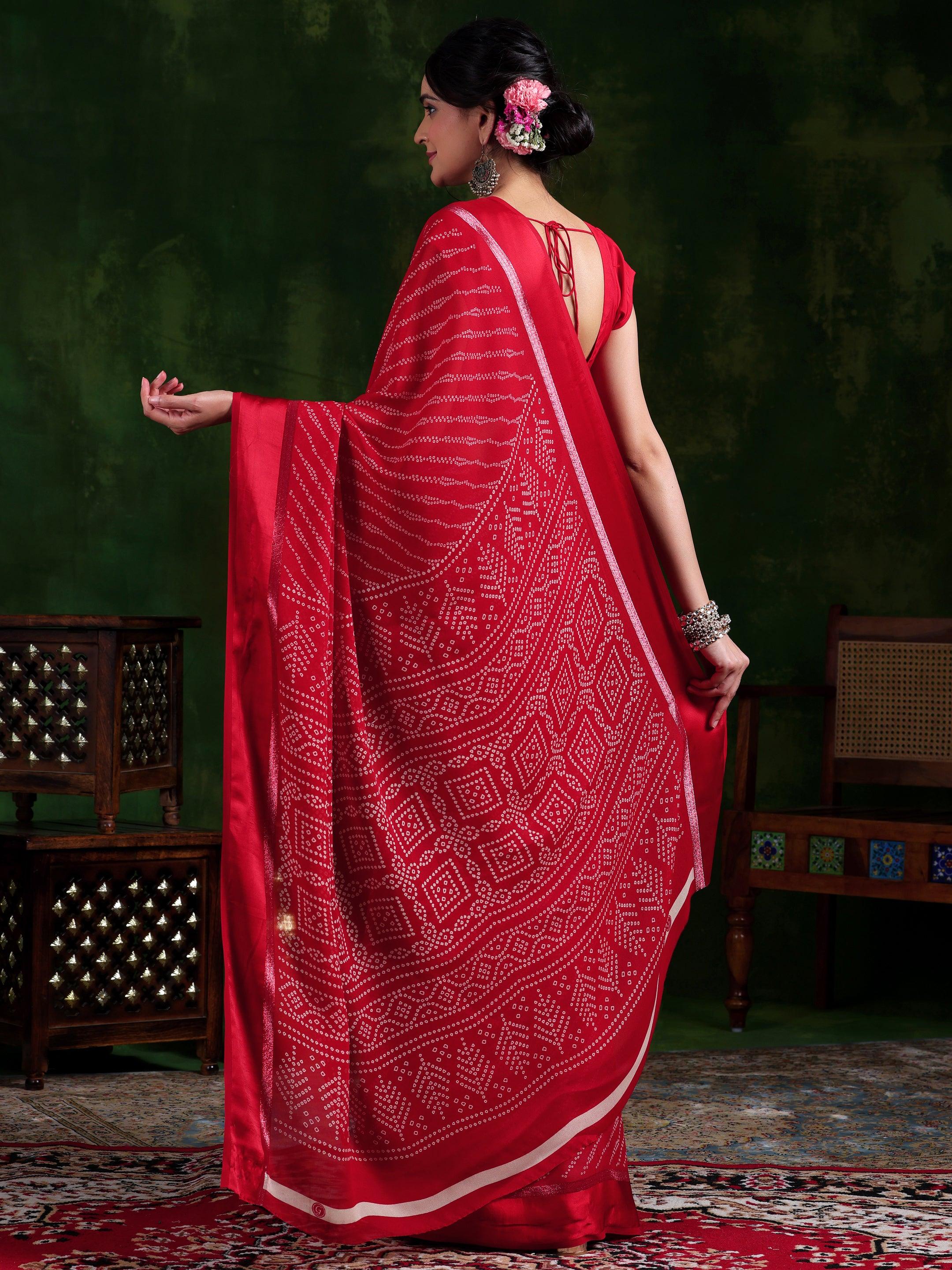 Red Printed Satin Saree With Unstitched Blouse Piece