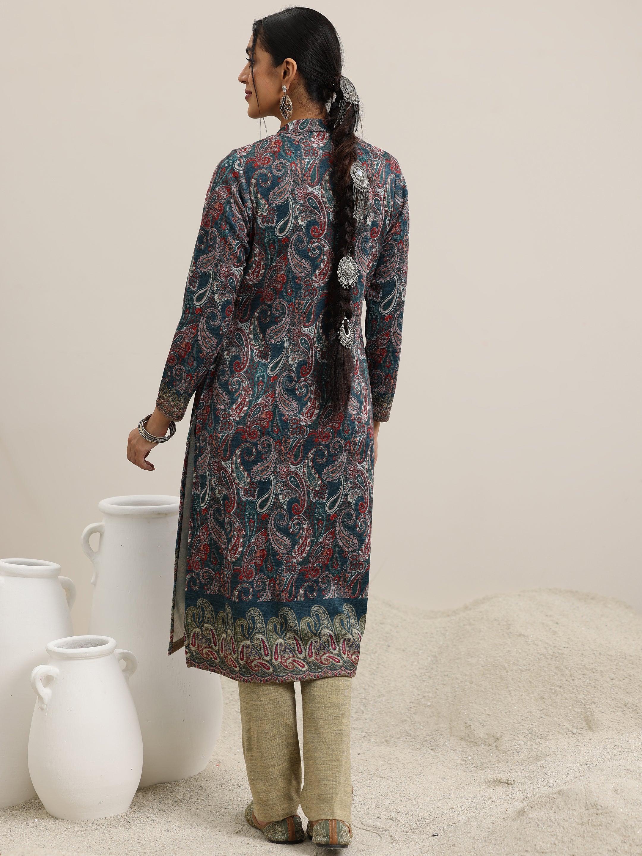 Blue Printed Wool Straight Kurta