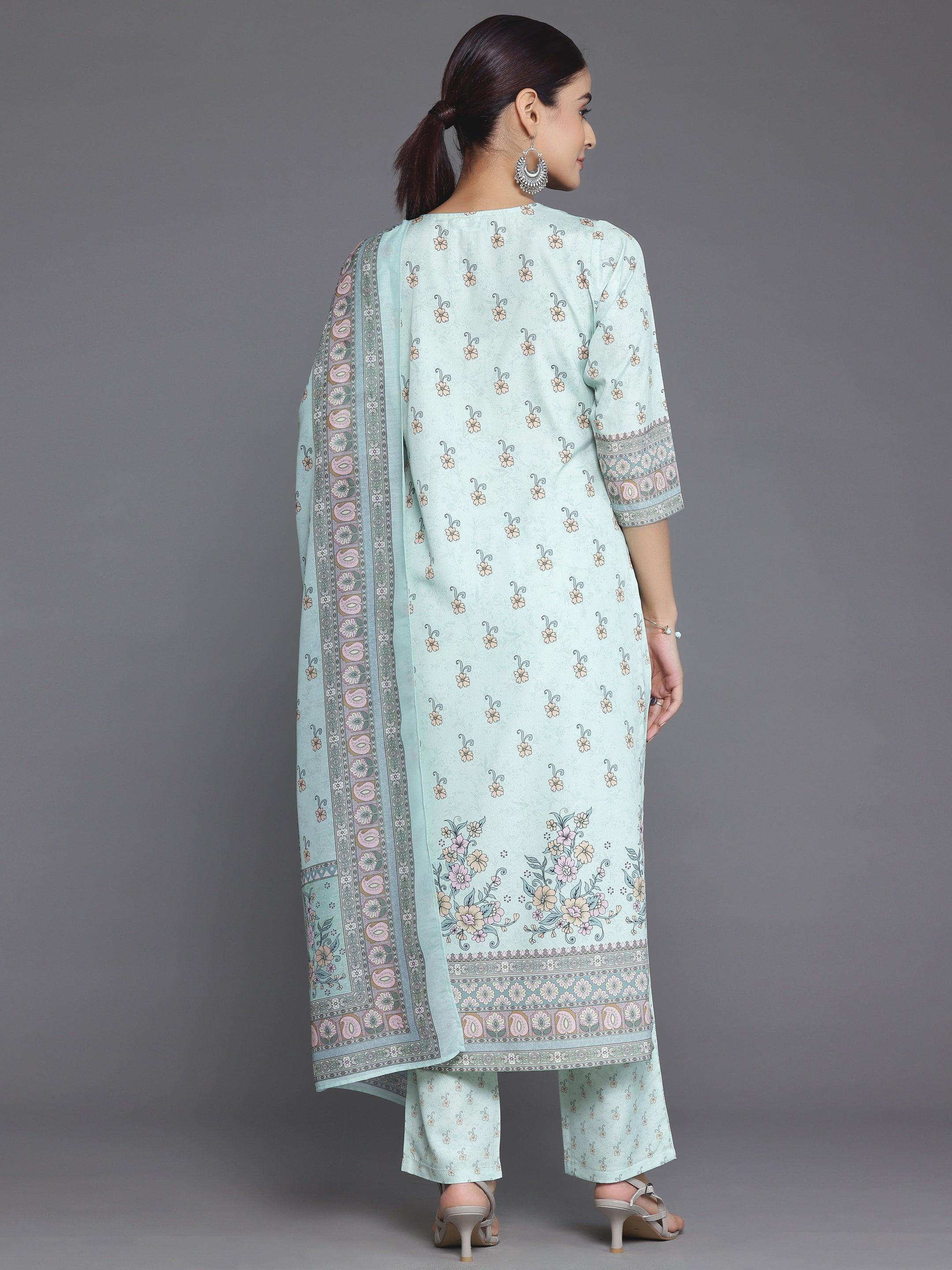 Green Printed Poly Crepe Straight Suit With Dupatta