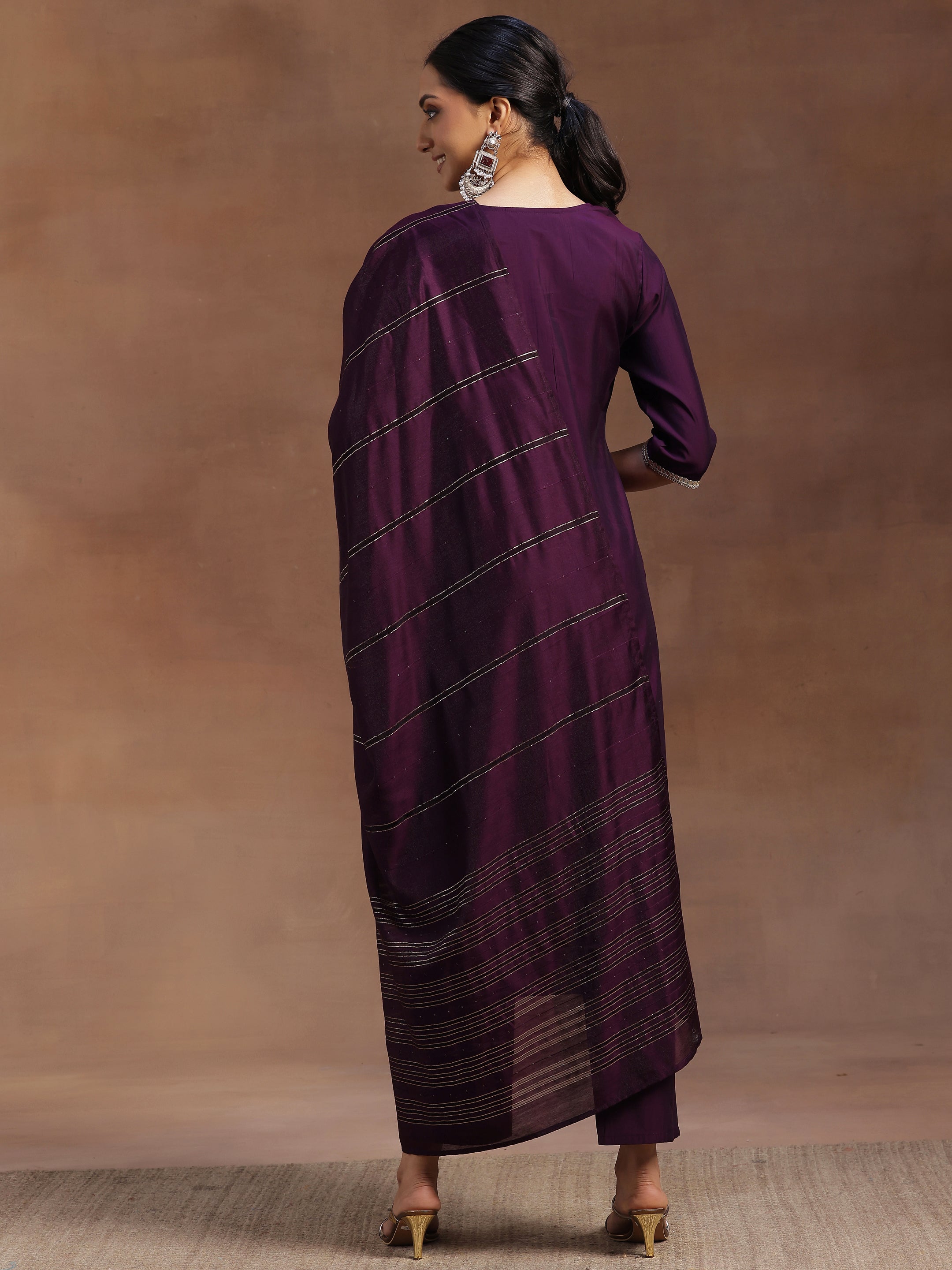 Purple Embroidered Silk Blend Straight Suit With Dupatta