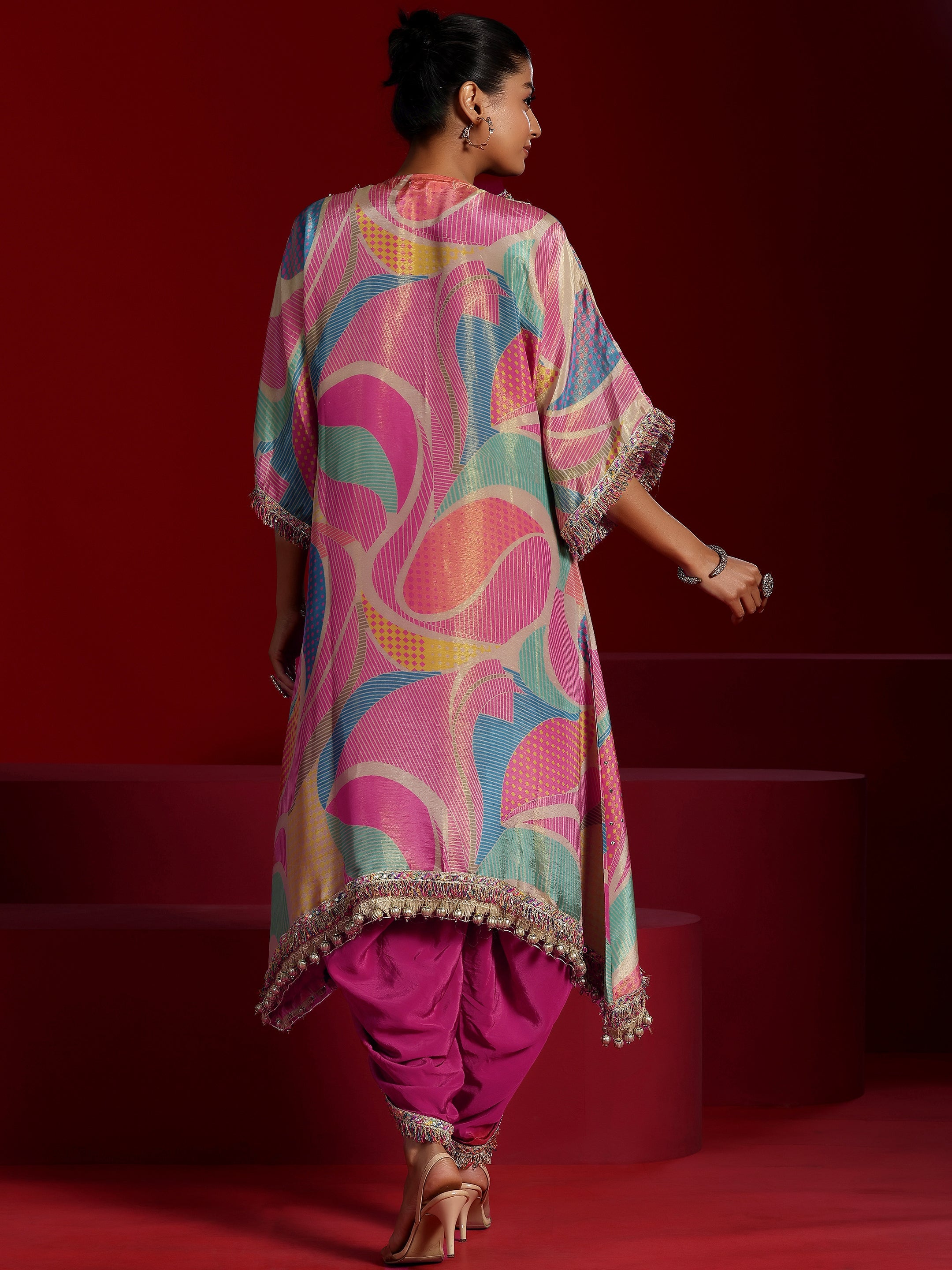 Libas Art Multi Printed Tissue A-Line Kurta With Dhoti Pants