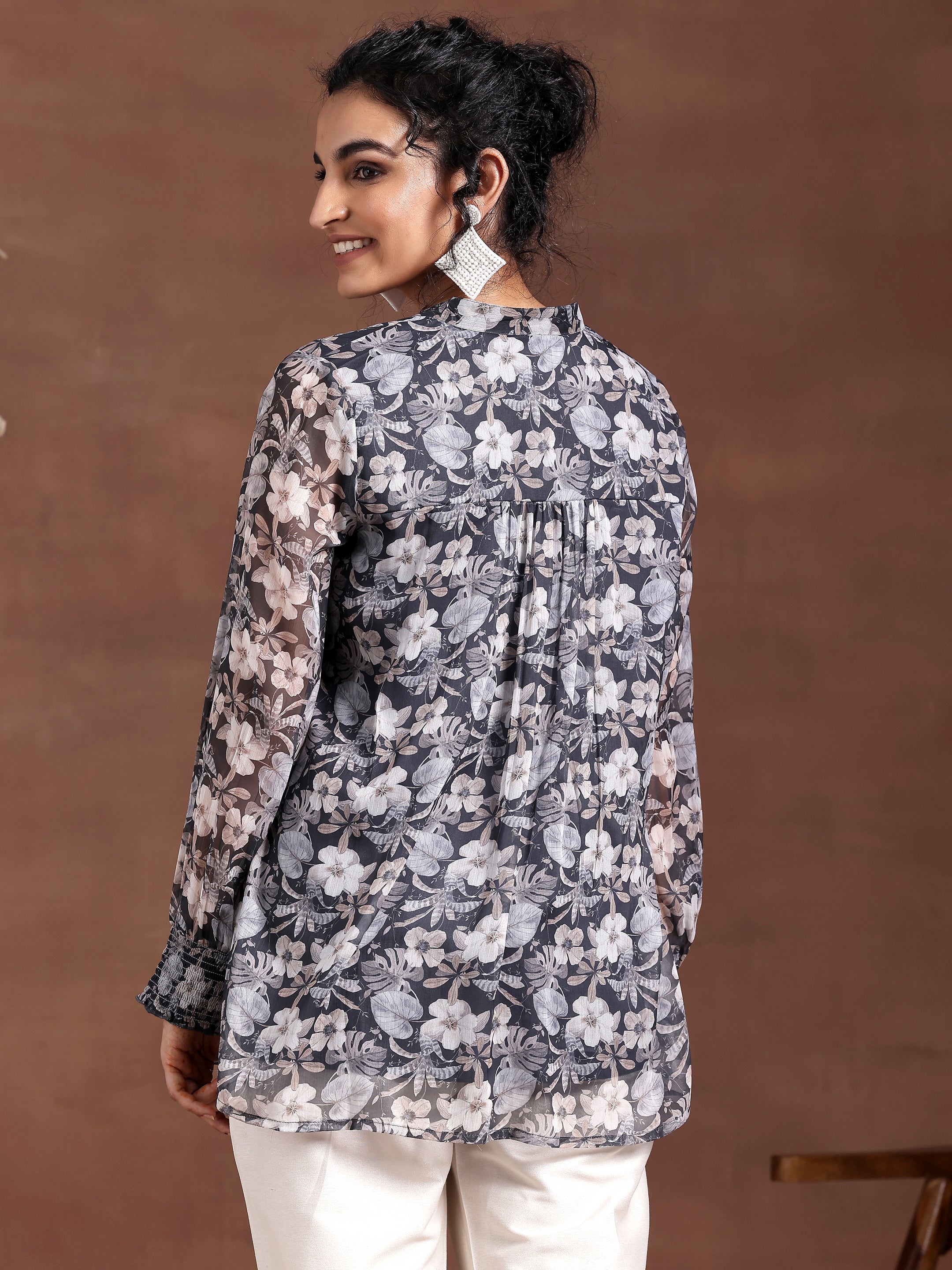 Grey Printed Chiffon A-Line Kurti