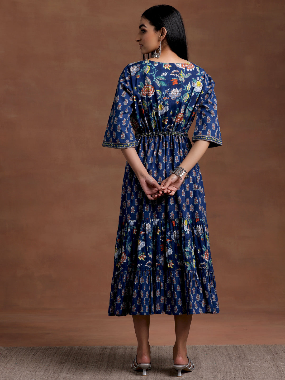 Blue Printed Cotton Fit and Flare Dress