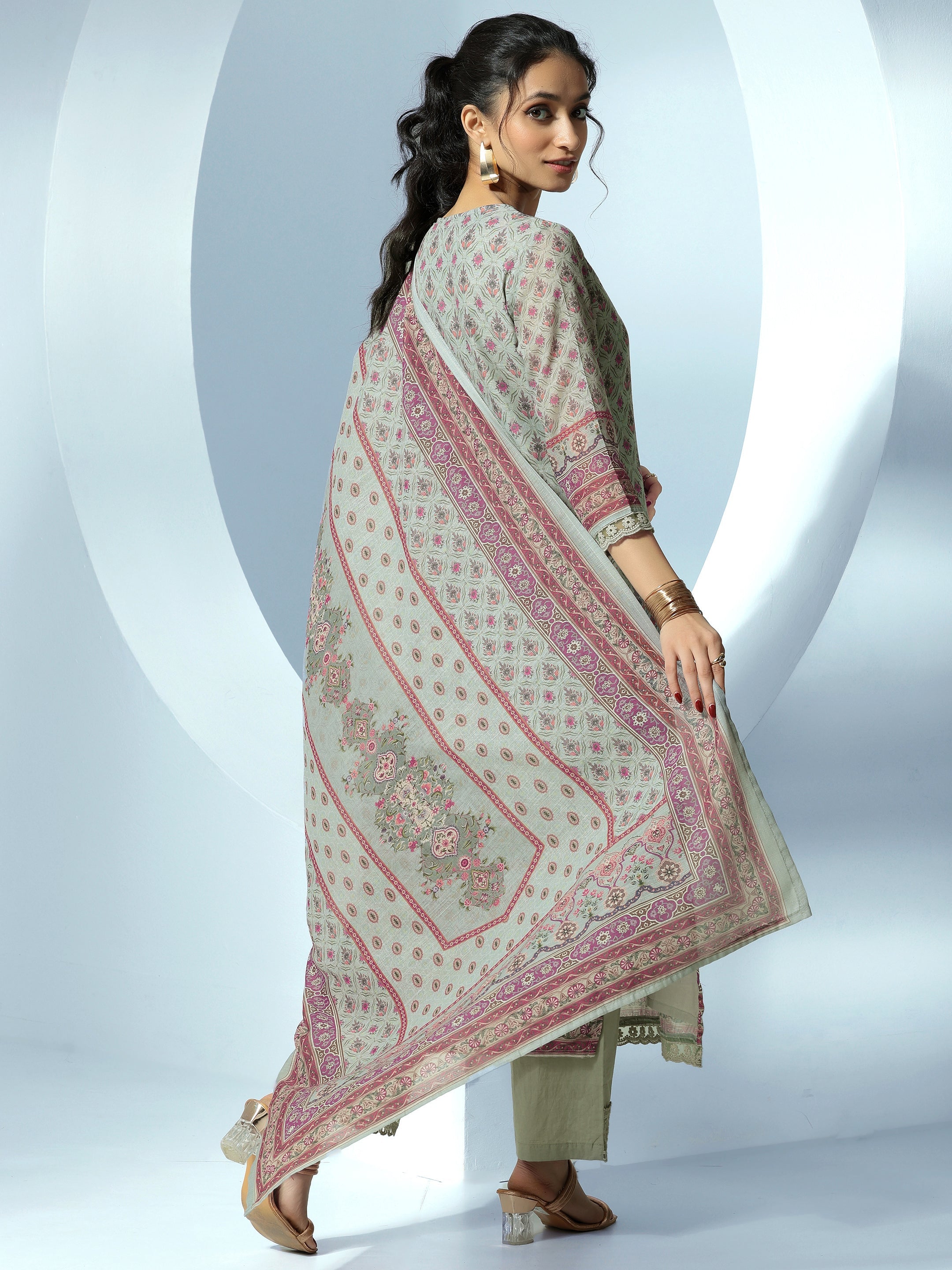 Grey Printed Linen Straight Suit With Dupatta