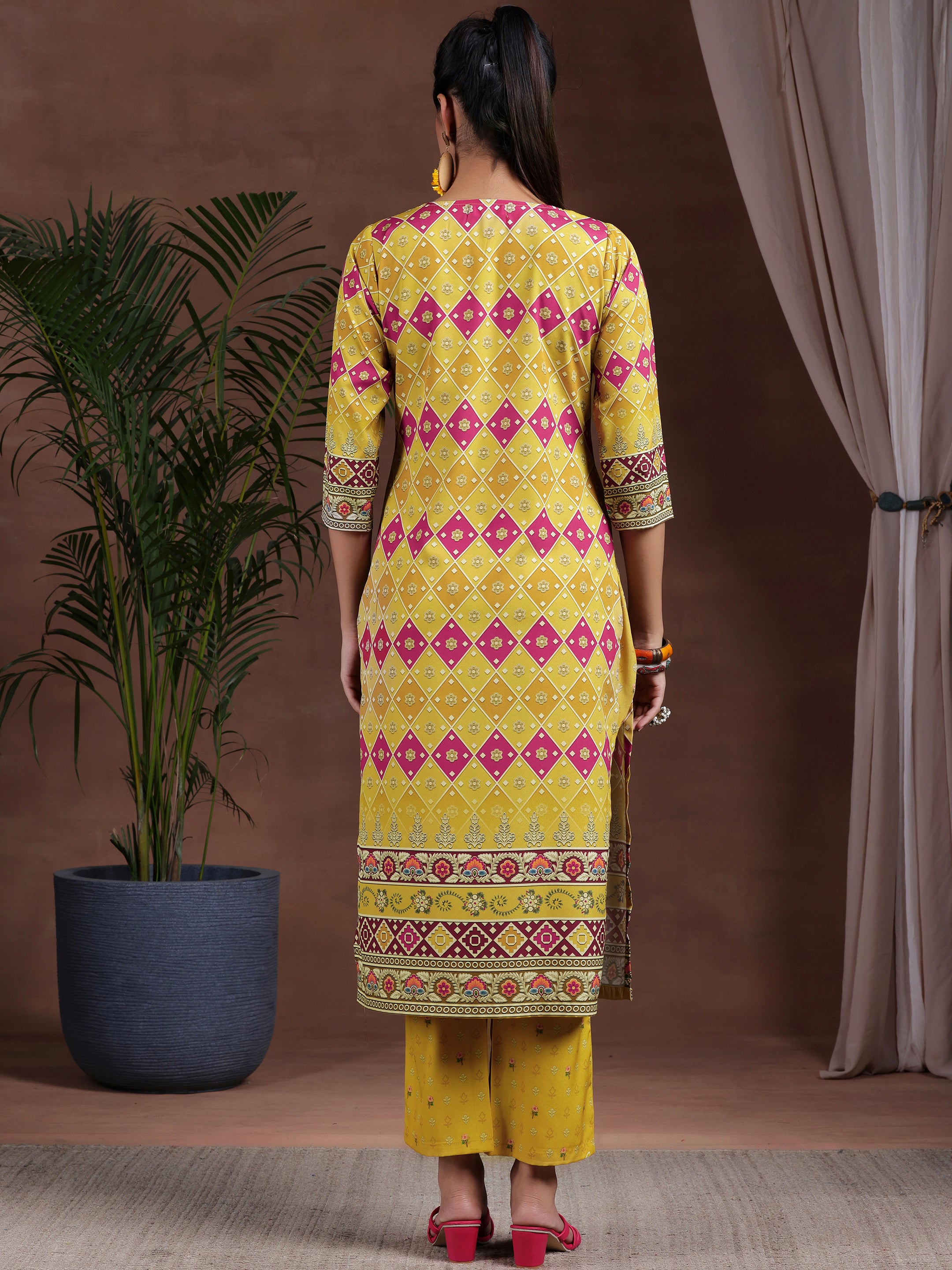 Mustard Printed Poly Crepe Straight Suit With Dupatta