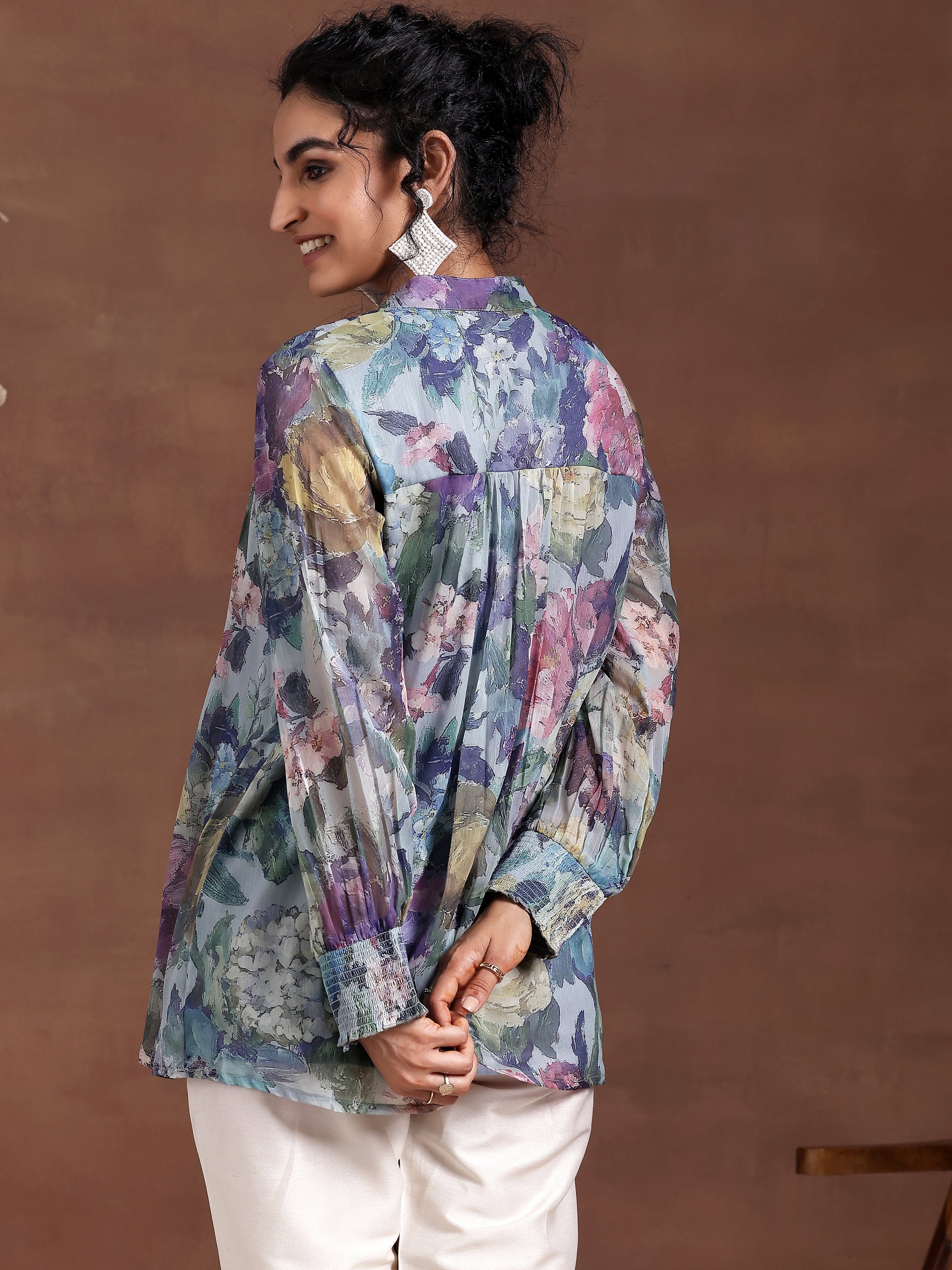 Blue Printed Chiffon A-Line Kurti