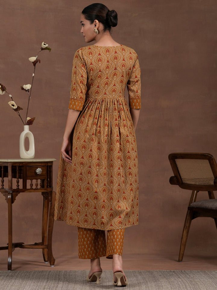 Mustard Printed Cotton A-Line Kurta With Palazzos - Libas