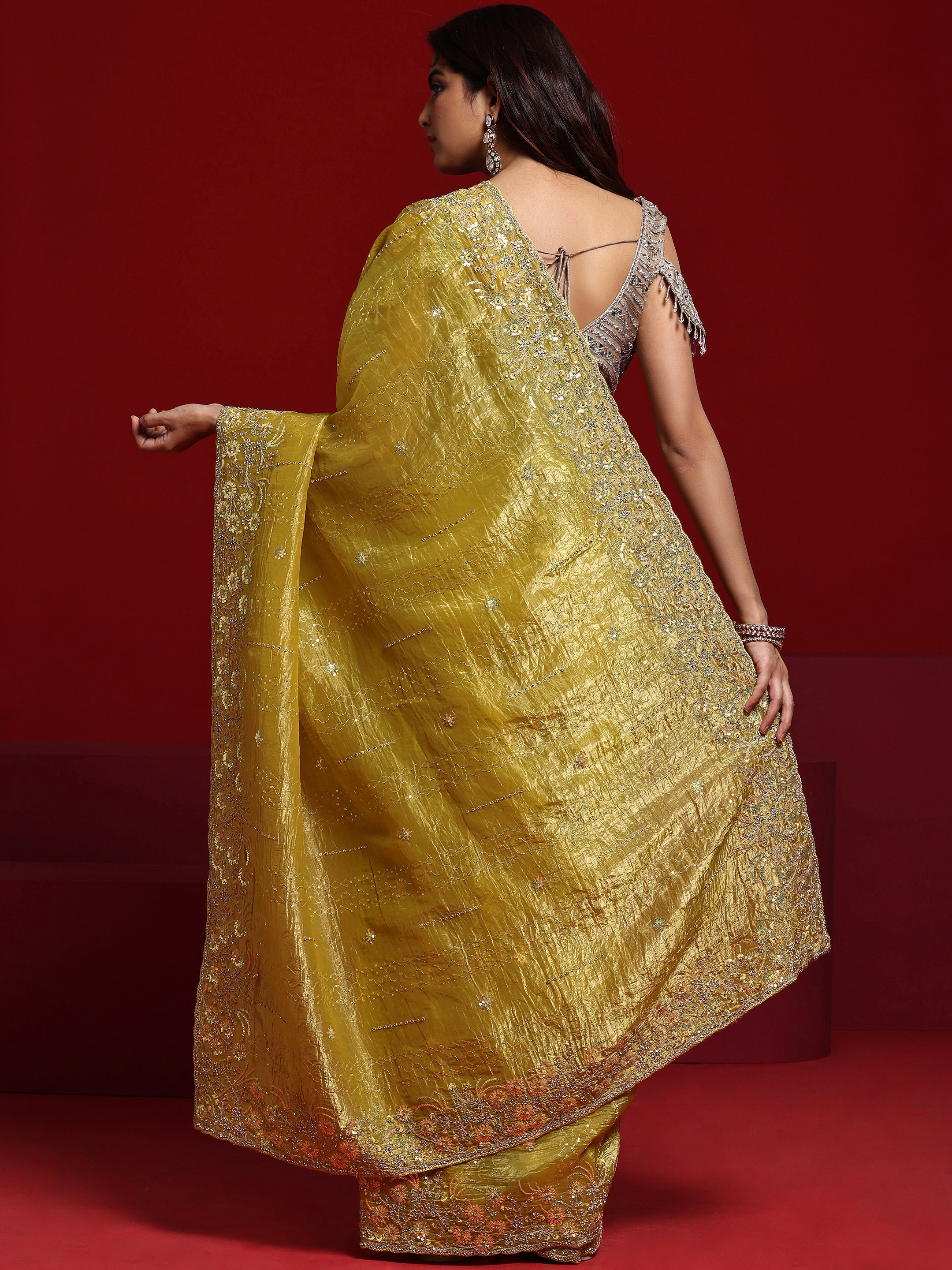 Libas Art Mustard Embellished Tissue Saree With Unstitched Blouse Piece