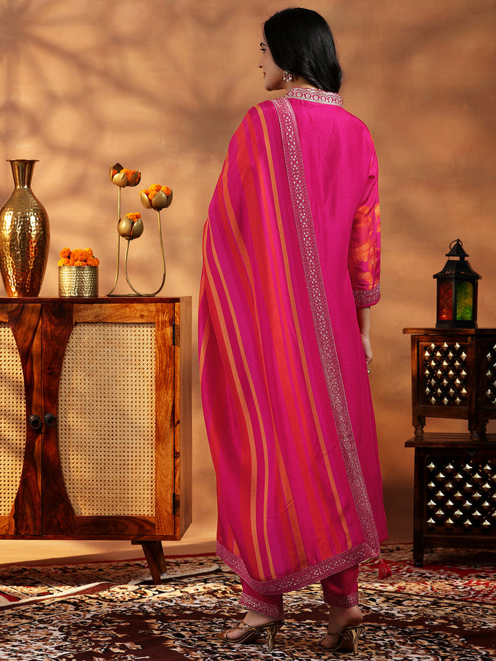 Pink Printed Silk Blend Straight Suit With Dupatta