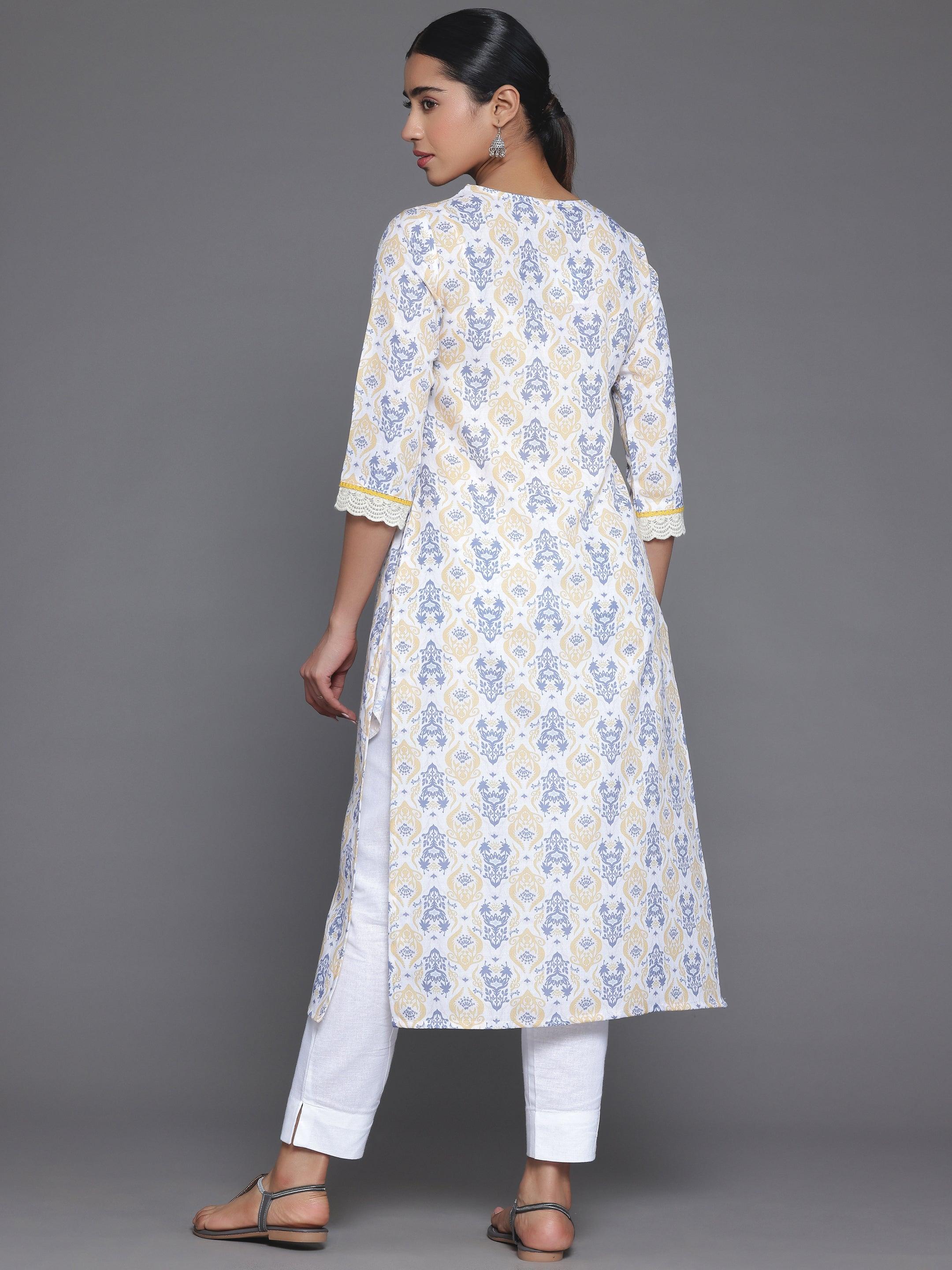 Off White Printed Cotton Straight Kurta