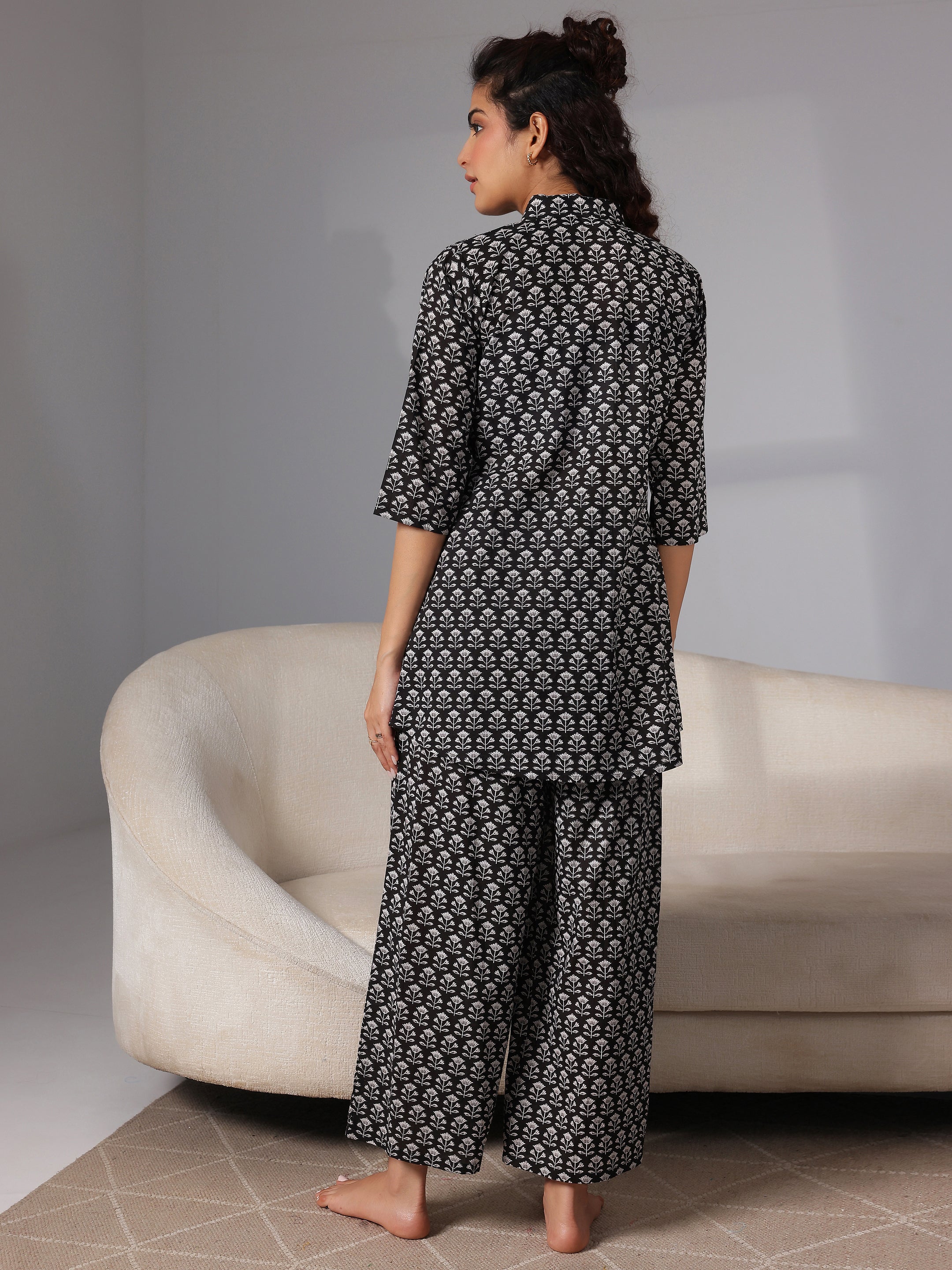 Black Printed Cotton Night Suits