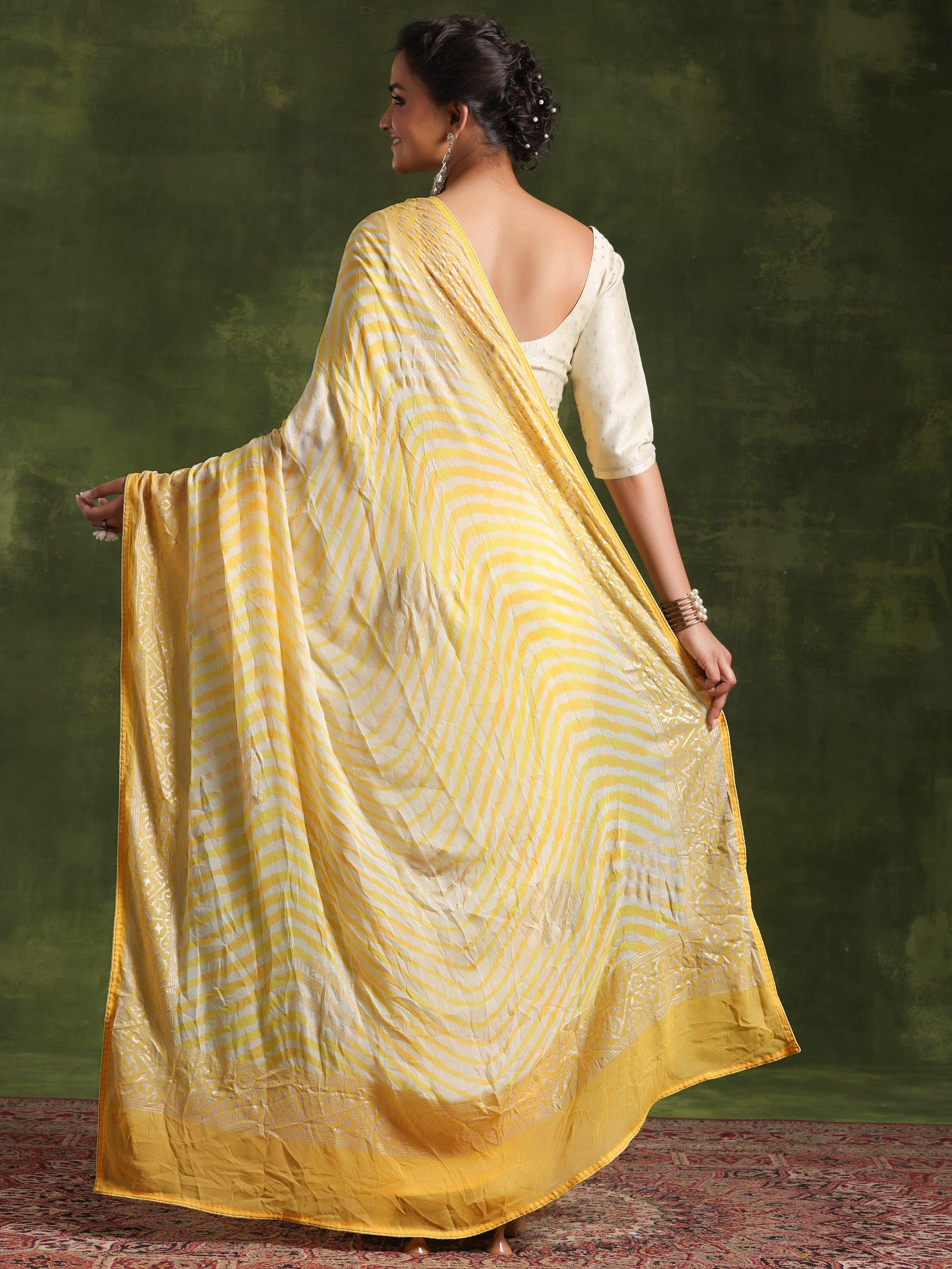 Yellow Printed Poly Georgette Saree With Unstitched Blouse Piece