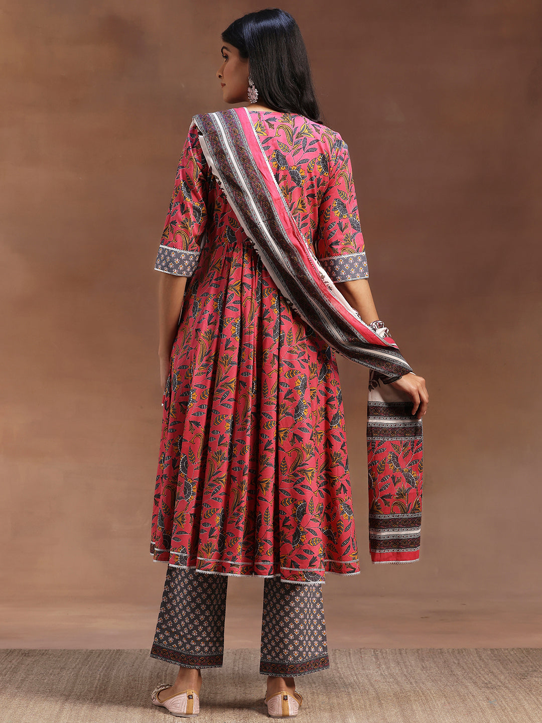 Pink Printed Cotton Anarkali Suit With Dupatta