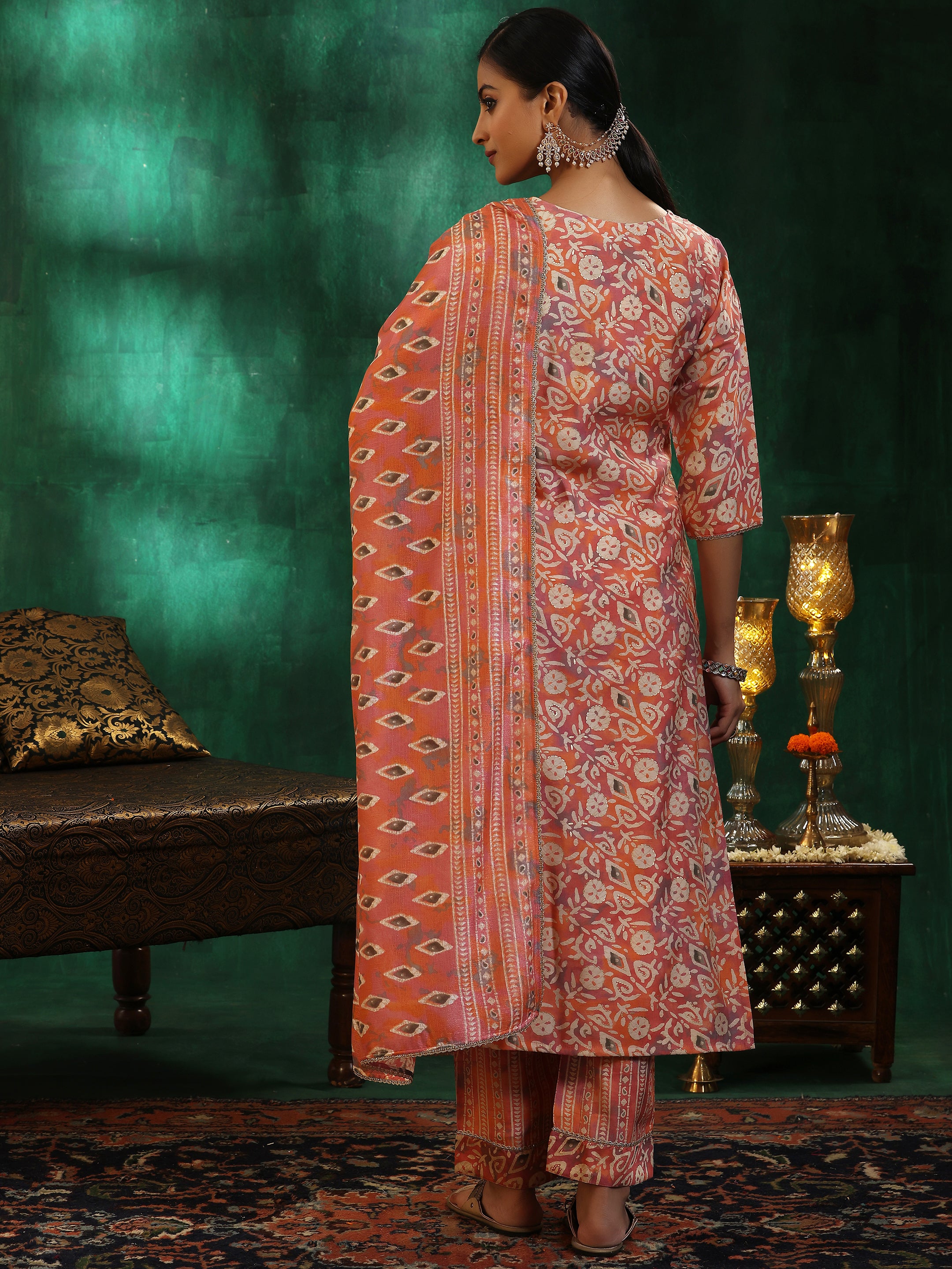 Peach Printed Silk Blend Straight Suit With Dupatta