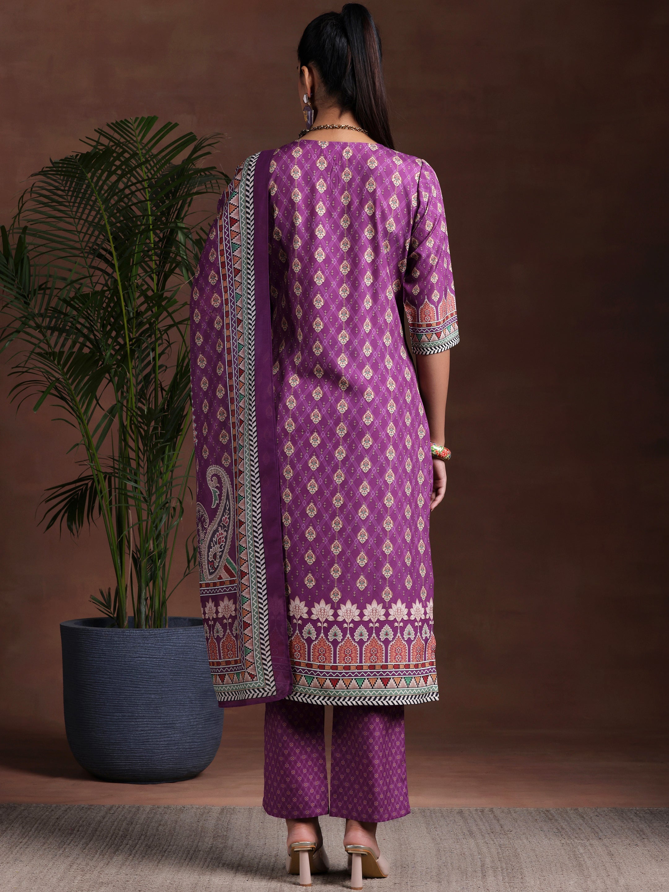 Purple Printed Poly Crepe Straight Suit With Dupatta